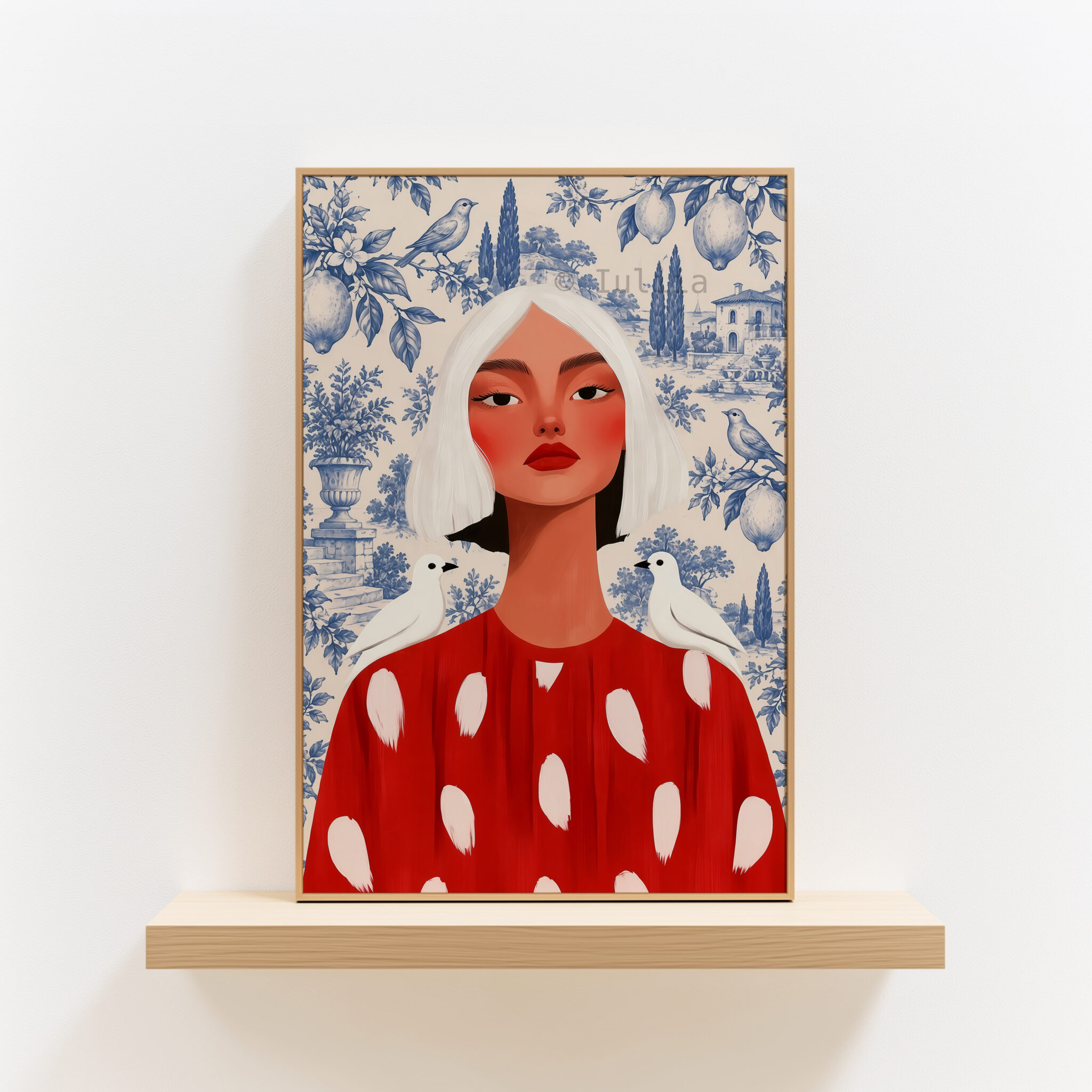 Feminine Portrait Print, Woman in Red Dress with Blue Toile Garden, French Countryside Decor, Bird Motif, Elegant European Home Accent