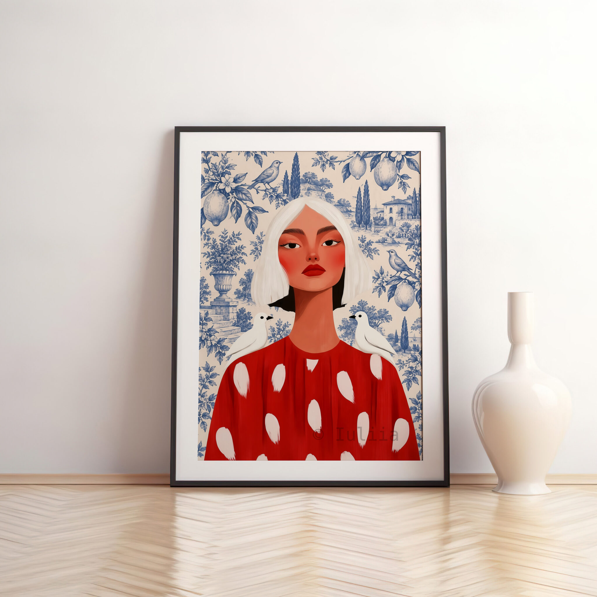 Feminine Portrait Print, Woman in Red Dress with Blue Toile Garden, French Countryside Decor, Bird Motif, Elegant European Home Accent - photo #11