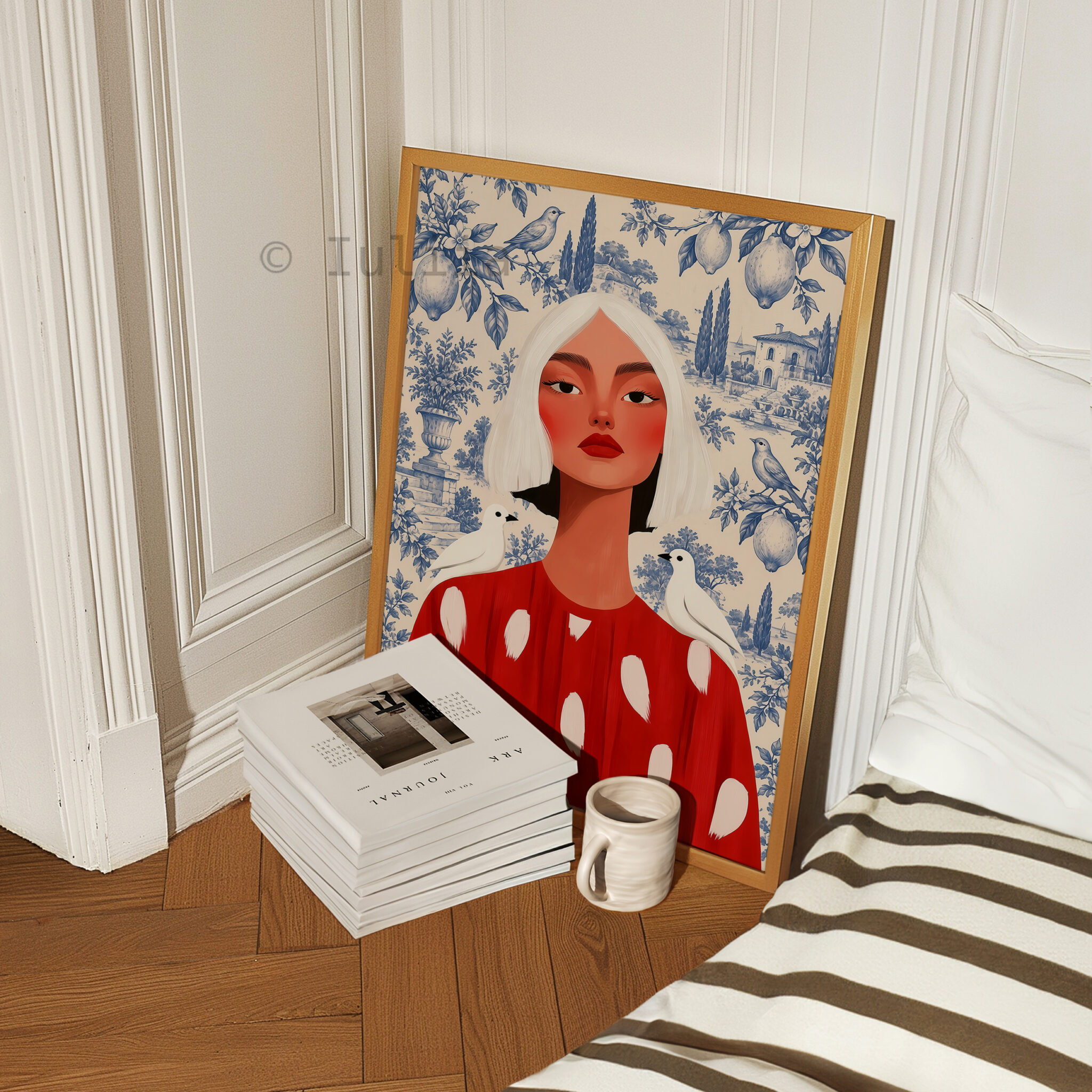 Feminine Portrait Print, Woman in Red Dress with Blue Toile Garden, French Countryside Decor, Bird Motif, Elegant European Home Accent - photo #4
