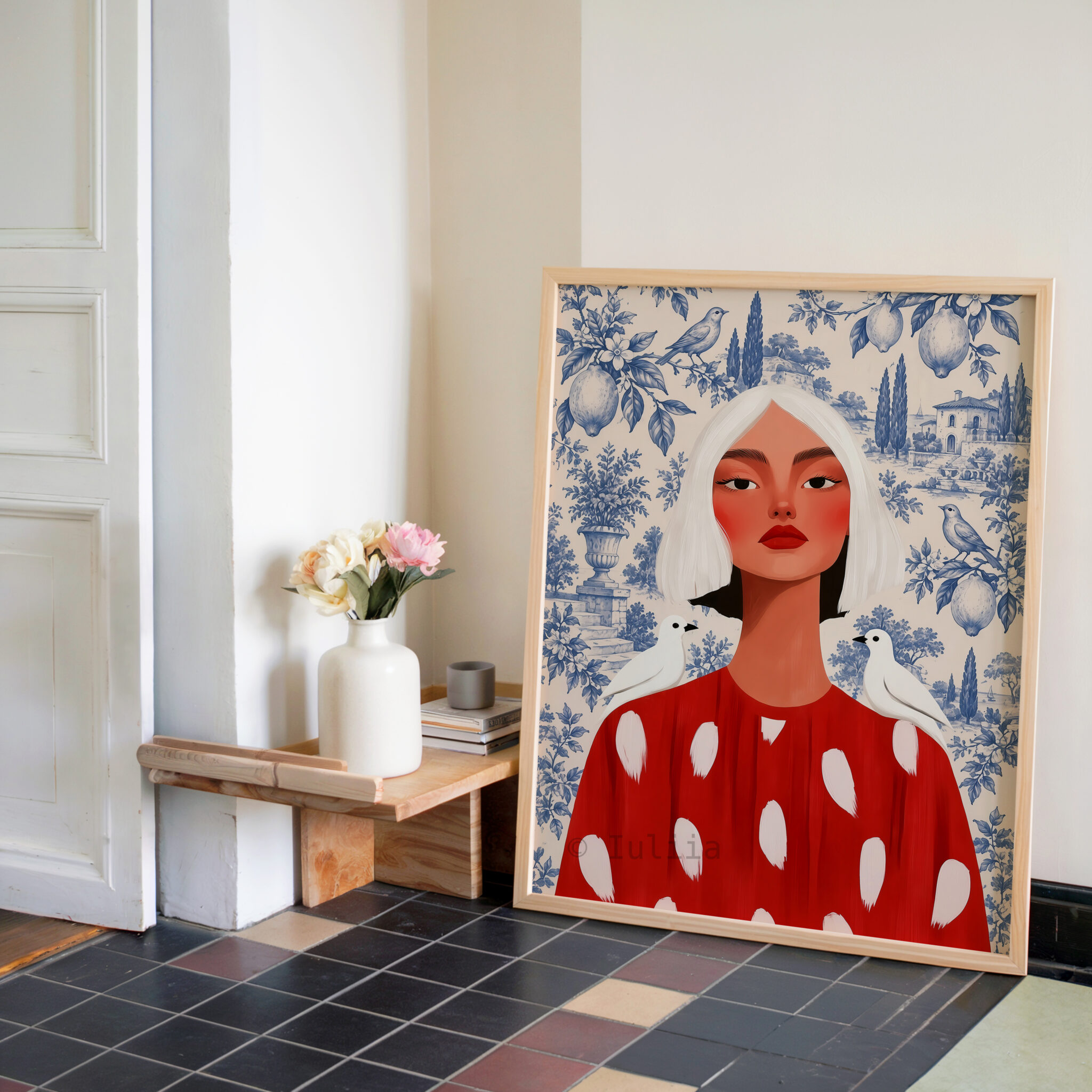 Feminine Portrait Print, Woman in Red Dress with Blue Toile Garden, French Countryside Decor, Bird Motif, Elegant European Home Accent - photo #2