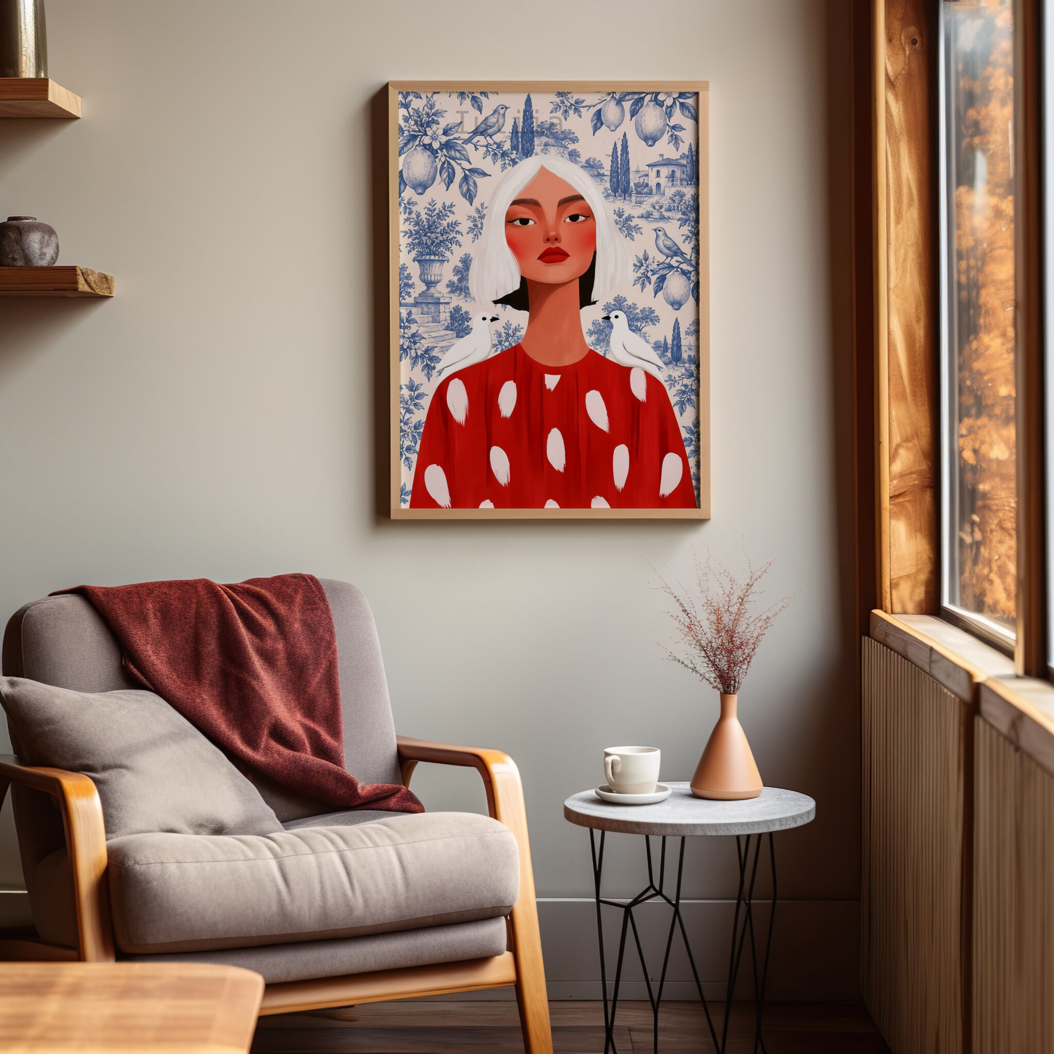 Feminine Portrait Print, Woman in Red Dress with Blue Toile Garden, French Countryside Decor, Bird Motif, Elegant European Home Accent - photo #6