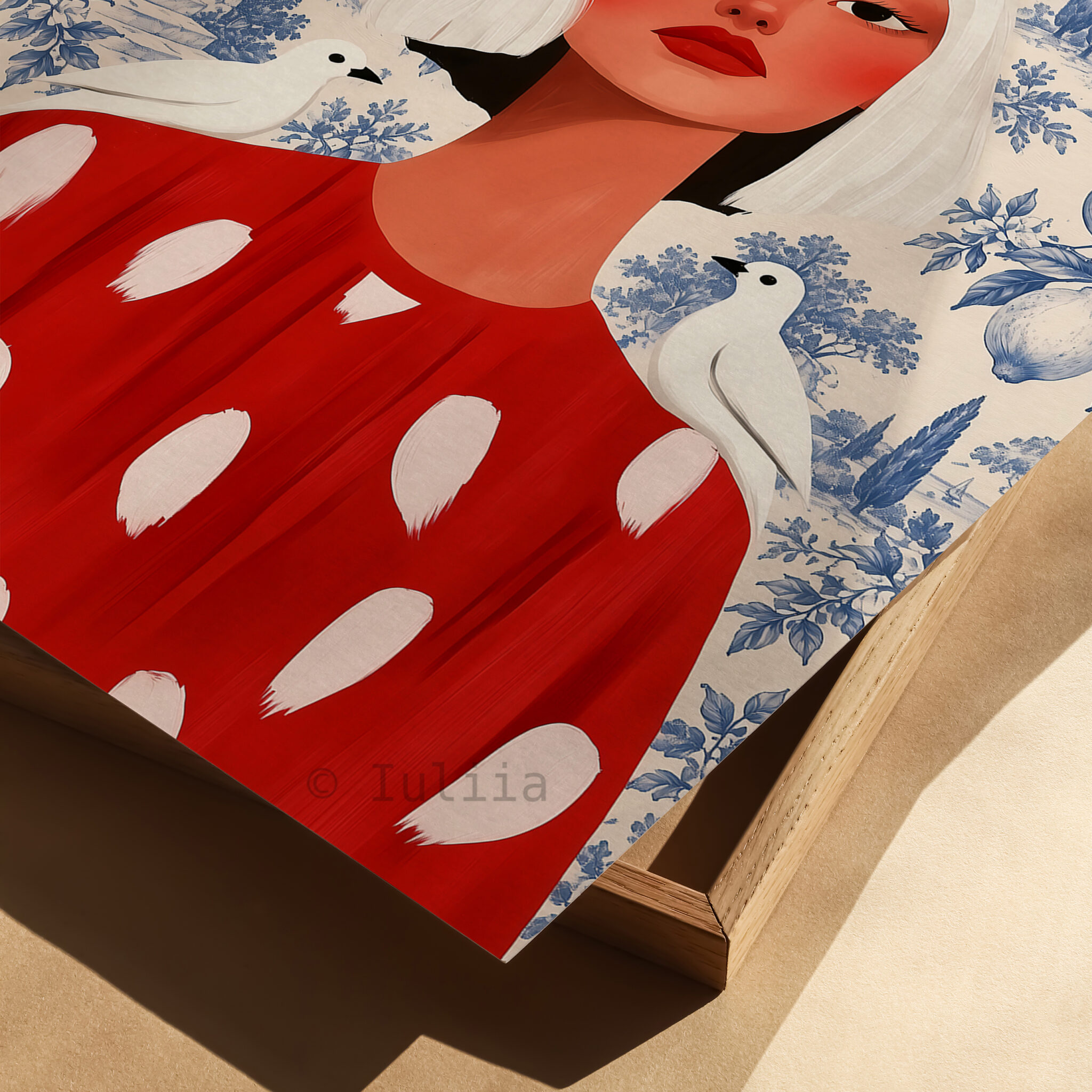 Feminine Portrait Print, Woman in Red Dress with Blue Toile Garden, French Countryside Decor, Bird Motif, Elegant European Home Accent - photo #1