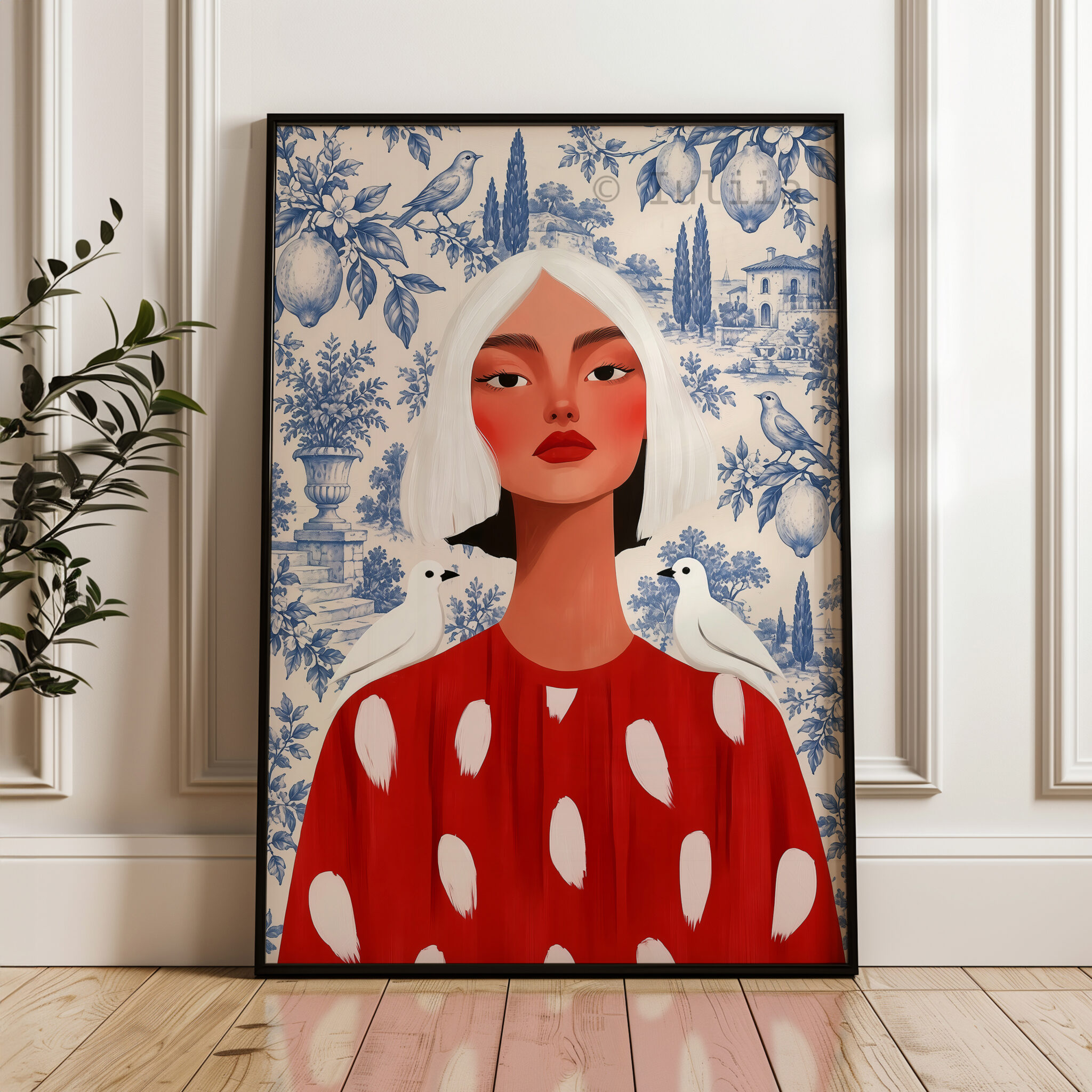 Feminine Portrait Print, Woman in Red Dress with Blue Toile Garden, French Countryside Decor, Bird Motif, Elegant European Home Accent - photo #3