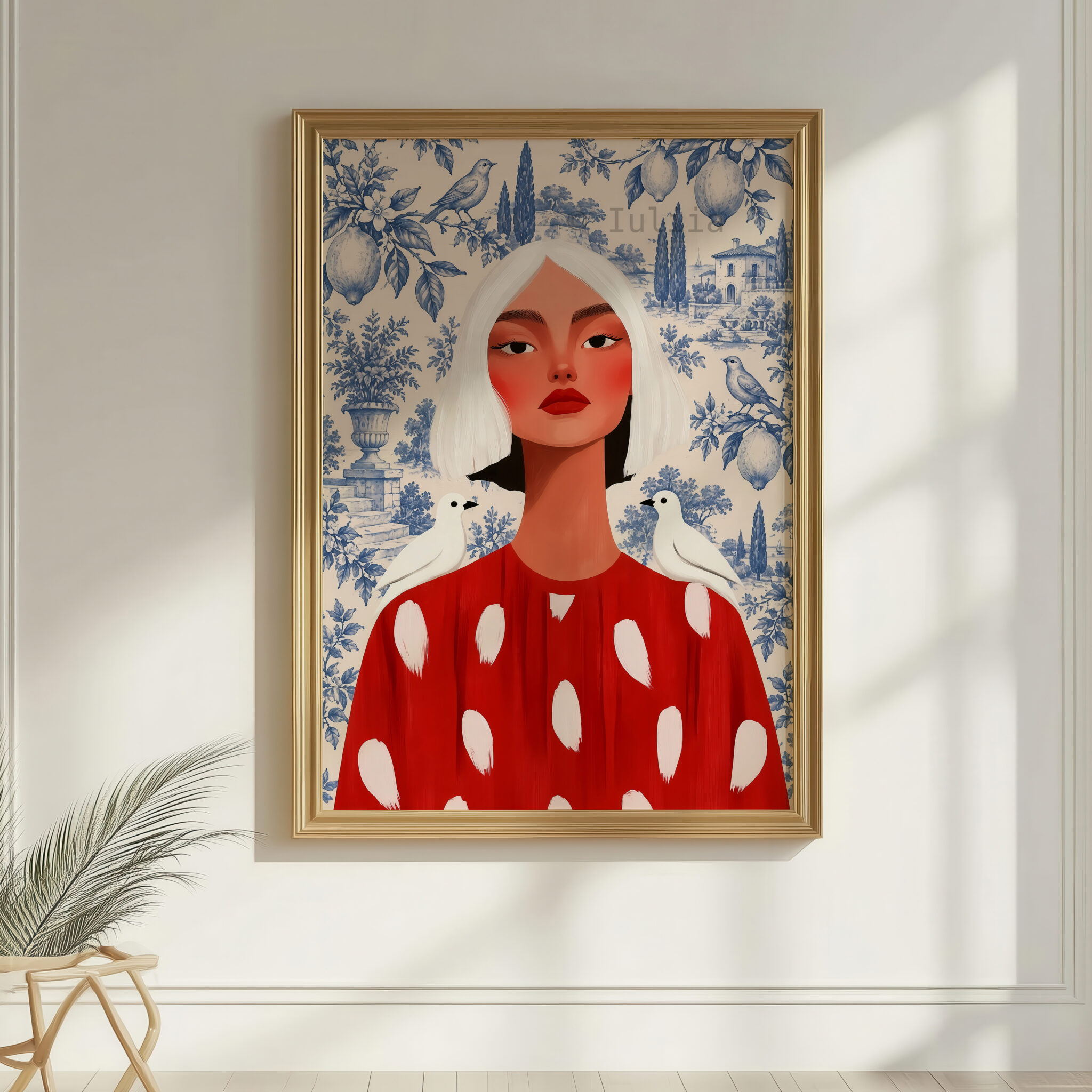 Feminine Portrait Print, Woman in Red Dress with Blue Toile Garden, French Countryside Decor, Bird Motif, Elegant European Home Accent - photo #7