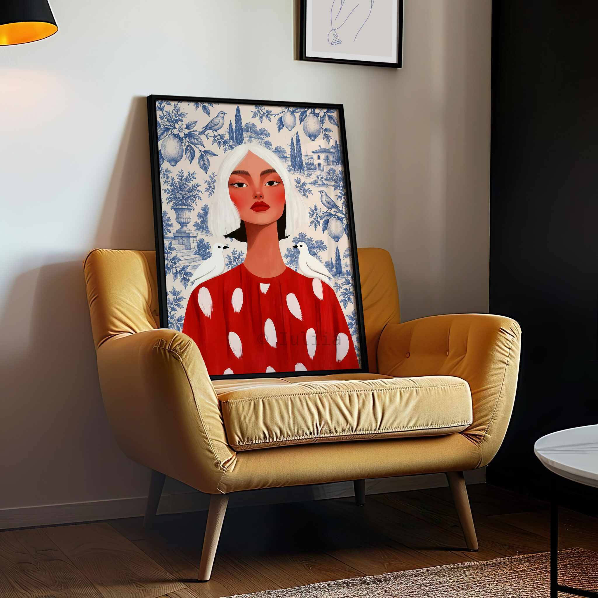 Feminine Portrait Print, Woman in Red Dress with Blue Toile Garden, French Countryside Decor, Bird Motif, Elegant European Home Accent - photo #10