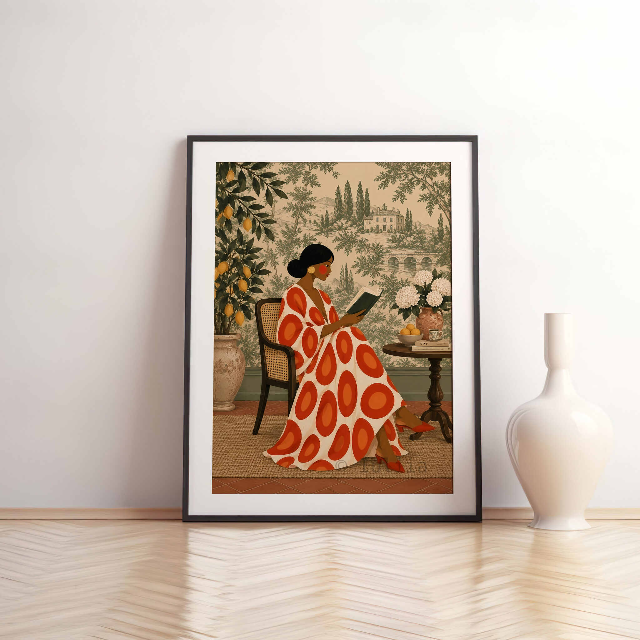 French Country Art Print, Woman Reading in Toile Garden, Mediterranean Villa Decor, Elegant European Home Library Accent - photo #11
