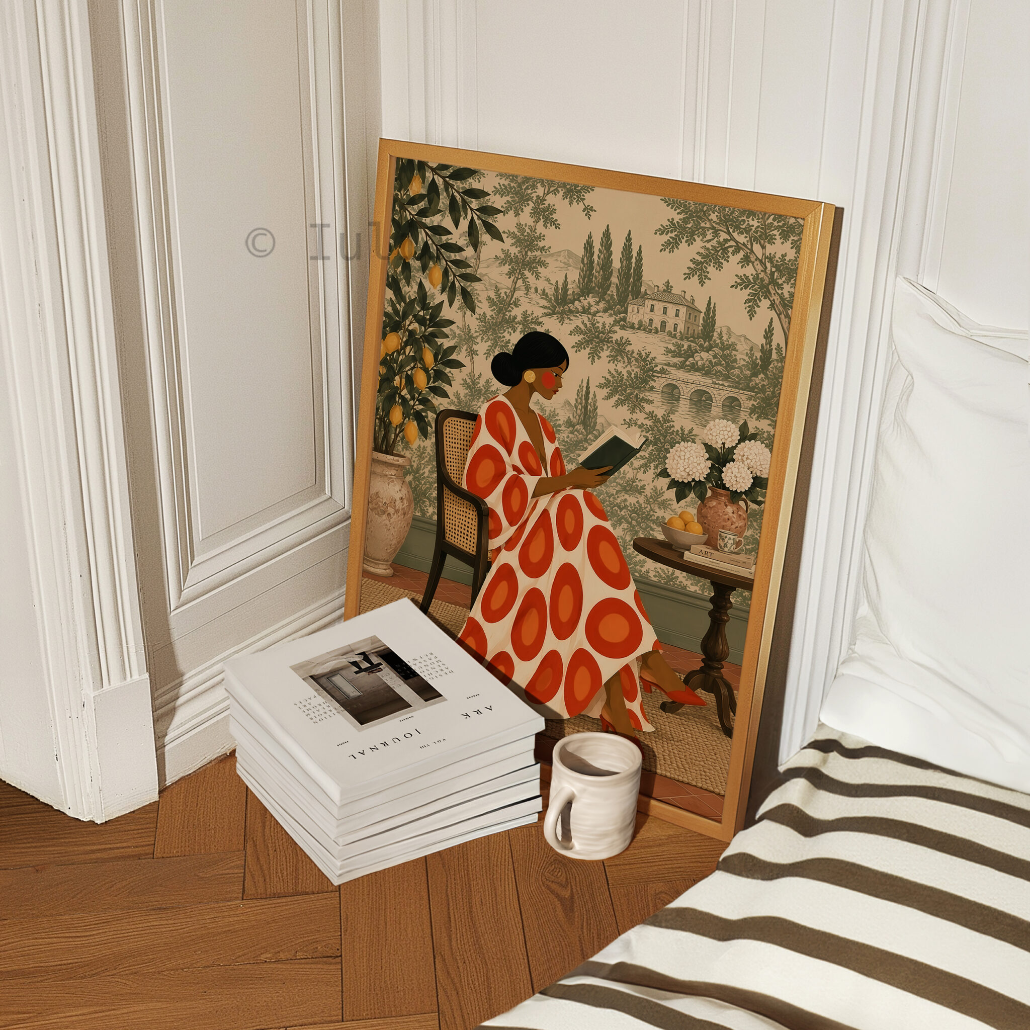 French Country Art Print, Woman Reading in Toile Garden, Mediterranean Villa Decor, Elegant European Home Library Accent - photo #4