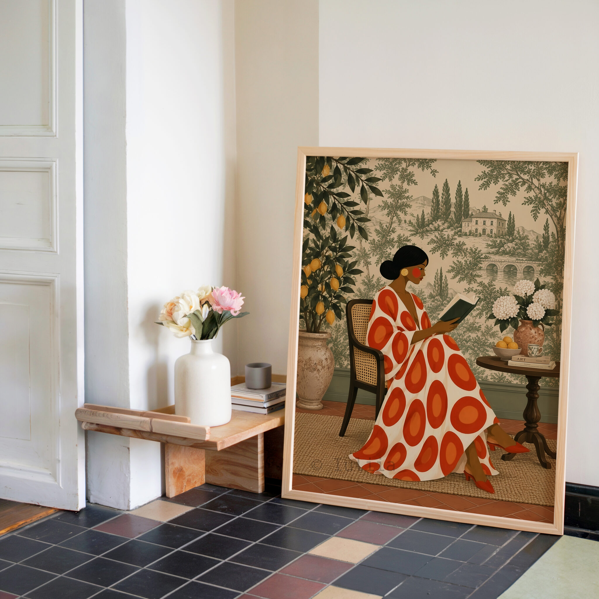 French Country Art Print, Woman Reading in Toile Garden, Mediterranean Villa Decor, Elegant European Home Library Accent - photo #2