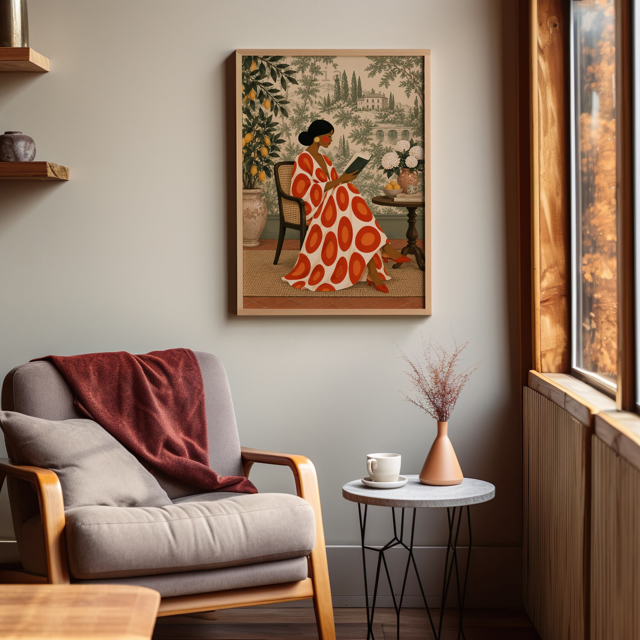 French Country Art Print, Woman Reading in Toile Garden, Mediterranean Villa Decor, Elegant European Home Library Accent - photo #6