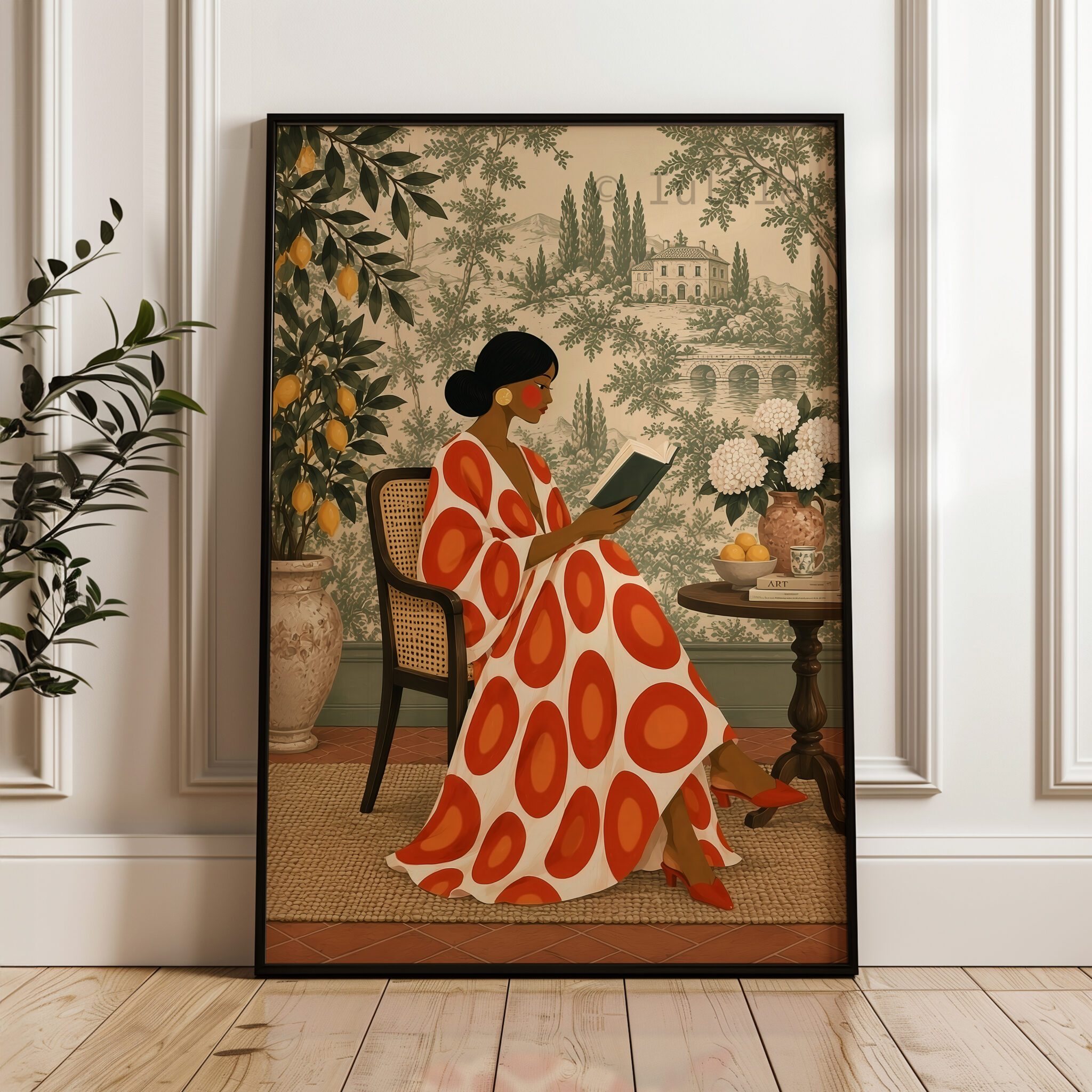 French Country Art Print, Woman Reading in Toile Garden, Mediterranean Villa Decor, Elegant European Home Library Accent - photo #3