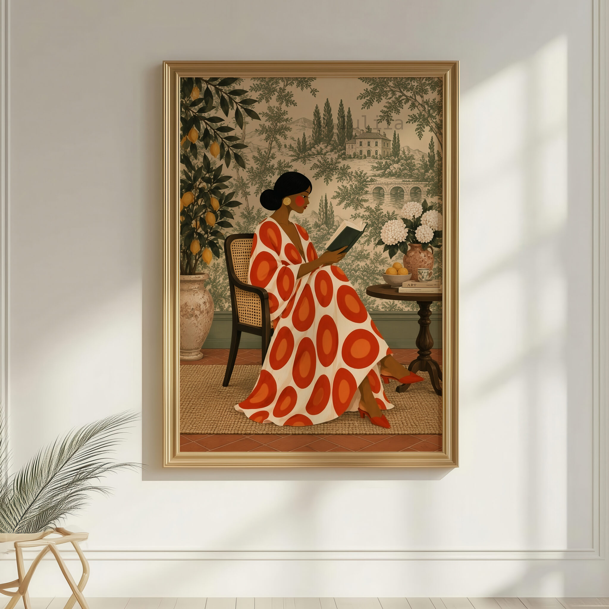French Country Art Print, Woman Reading in Toile Garden, Mediterranean Villa Decor, Elegant European Home Library Accent - photo #7