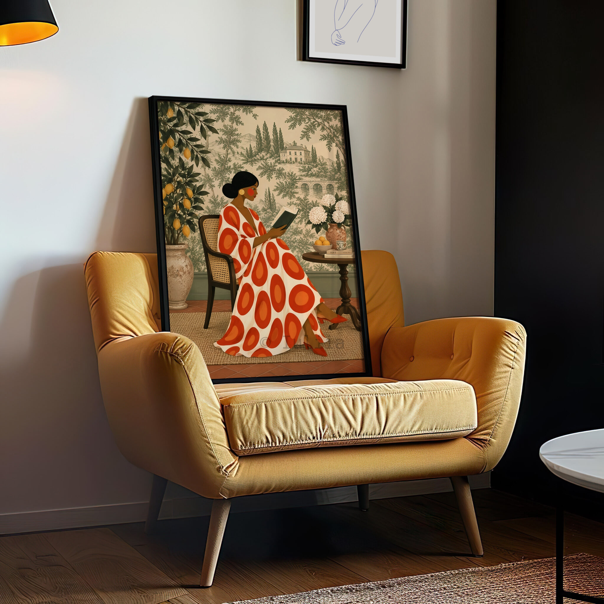 French Country Art Print, Woman Reading in Toile Garden, Mediterranean Villa Decor, Elegant European Home Library Accent - photo #10