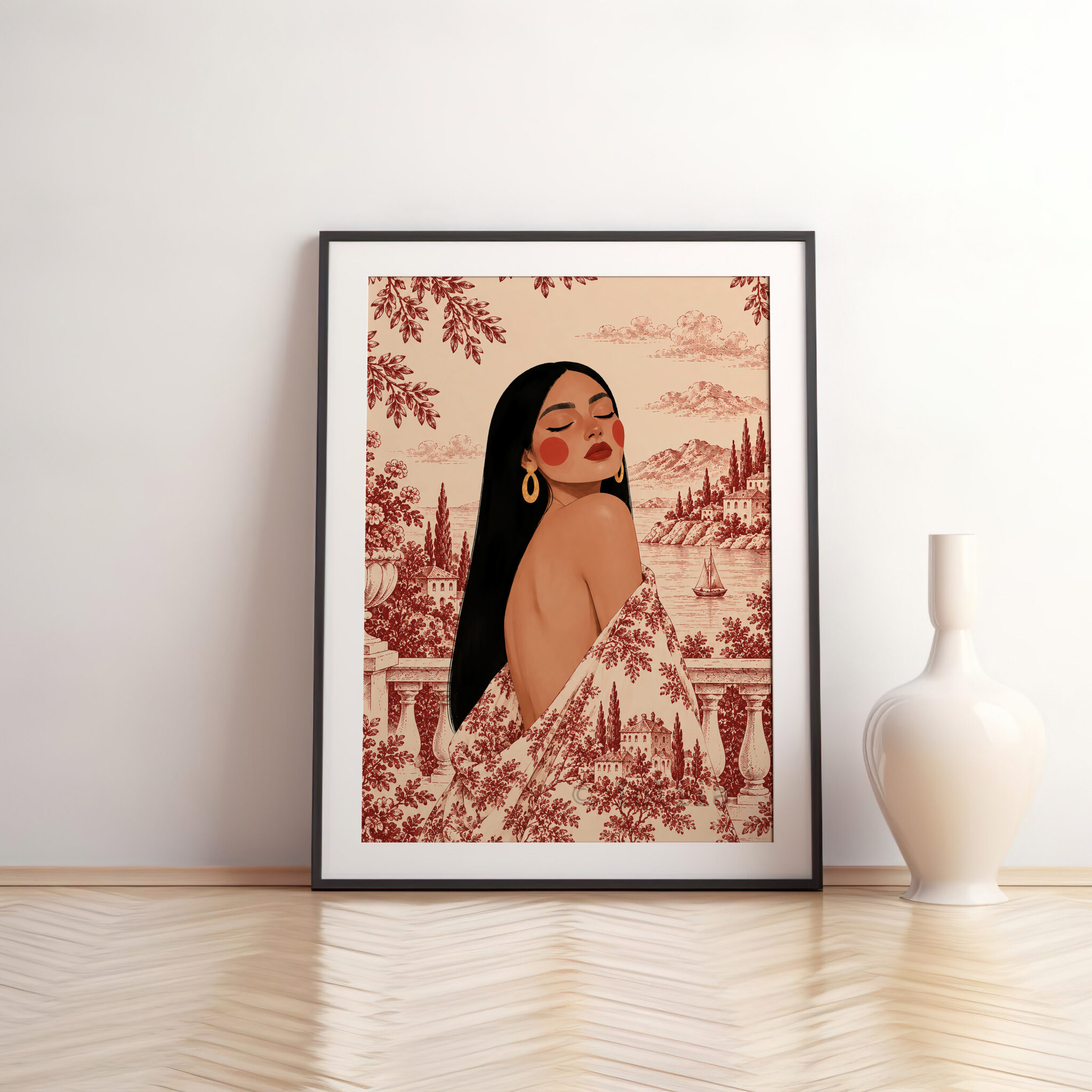 Romantic European Art Print, Elegant Woman by a Mediterranean Lake, Scenic Toile Landscape, French Riviera Villa Decor, Refined Home Accent - photo #11