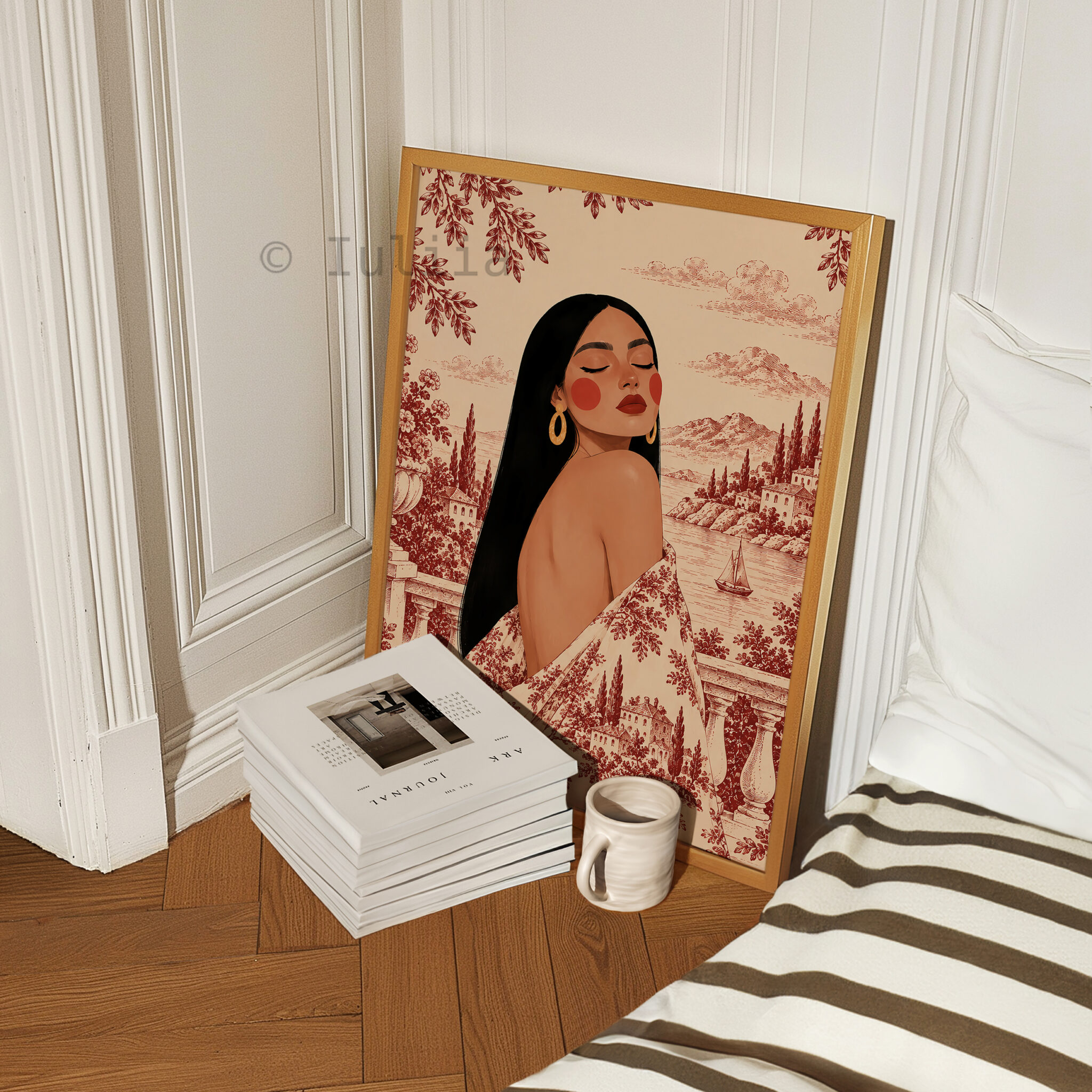 Romantic European Art Print, Elegant Woman by a Mediterranean Lake, Scenic Toile Landscape, French Riviera Villa Decor, Refined Home Accent - photo #4
