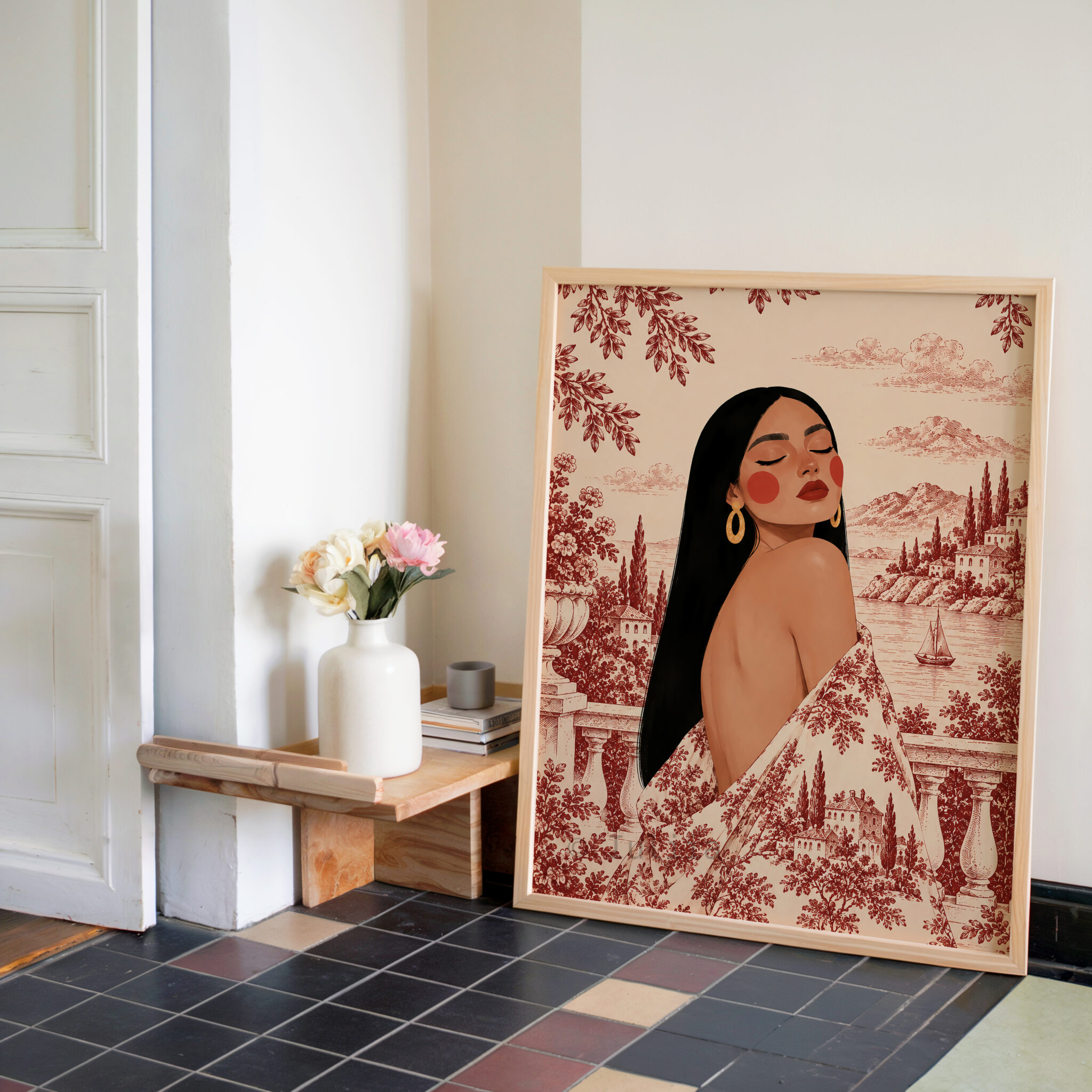 Romantic European Art Print, Elegant Woman by a Mediterranean Lake, Scenic Toile Landscape, French Riviera Villa Decor, Refined Home Accent - photo #2