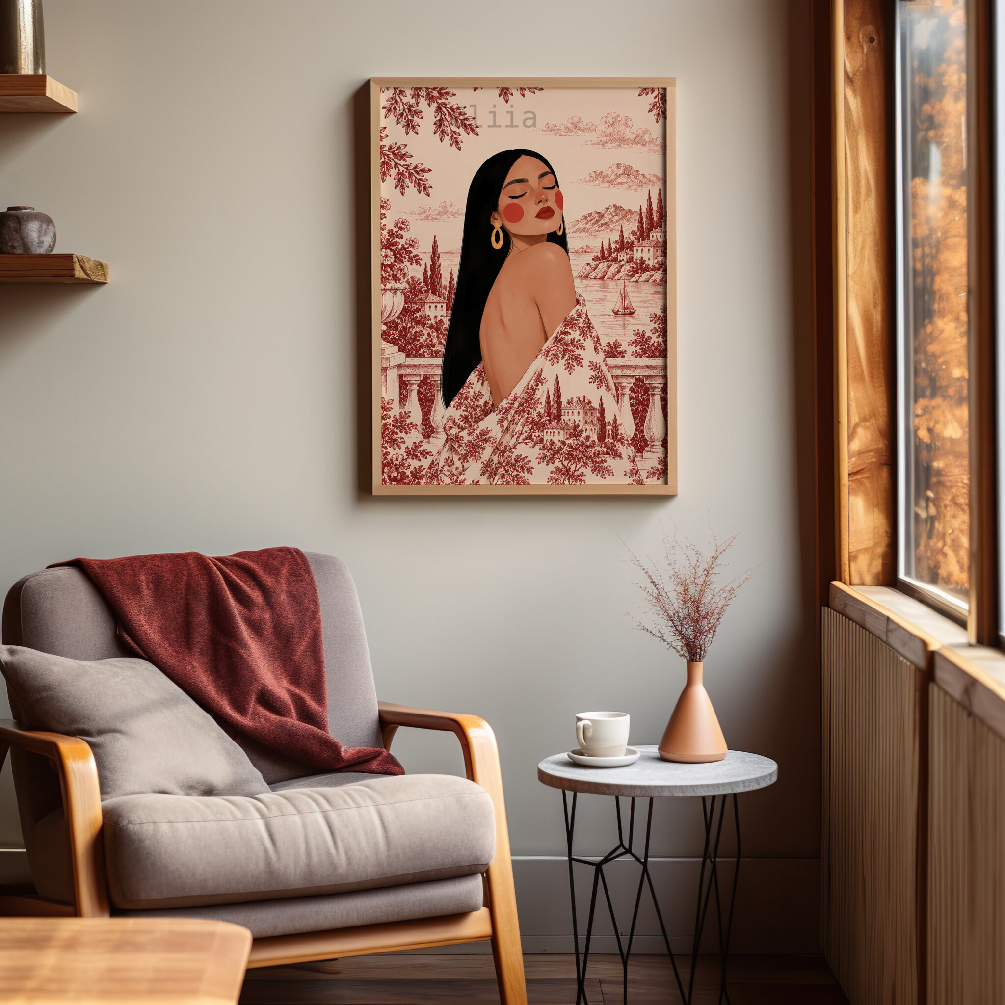 Romantic European Art Print, Elegant Woman by a Mediterranean Lake, Scenic Toile Landscape, French Riviera Villa Decor, Refined Home Accent - photo #6