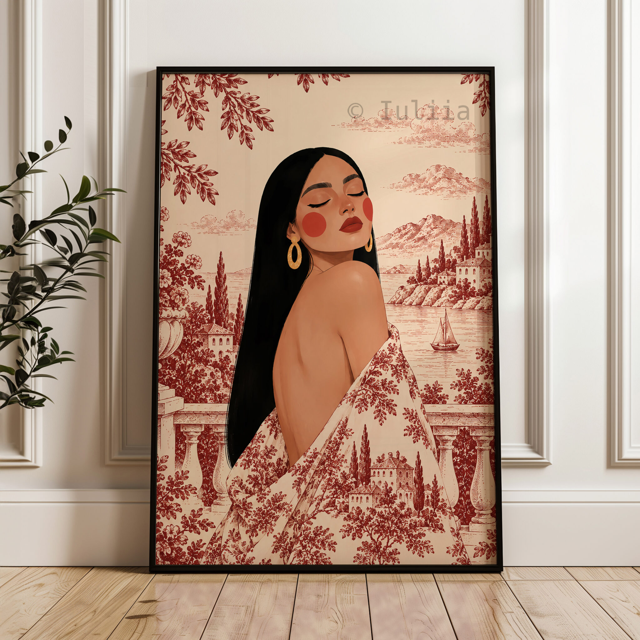 Romantic European Art Print, Elegant Woman by a Mediterranean Lake, Scenic Toile Landscape, French Riviera Villa Decor, Refined Home Accent - photo #3