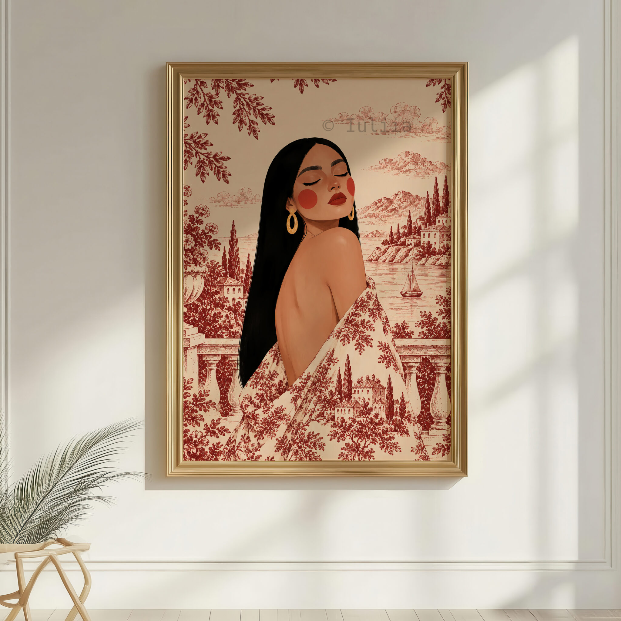Romantic European Art Print, Elegant Woman by a Mediterranean Lake, Scenic Toile Landscape, French Riviera Villa Decor, Refined Home Accent - photo #7