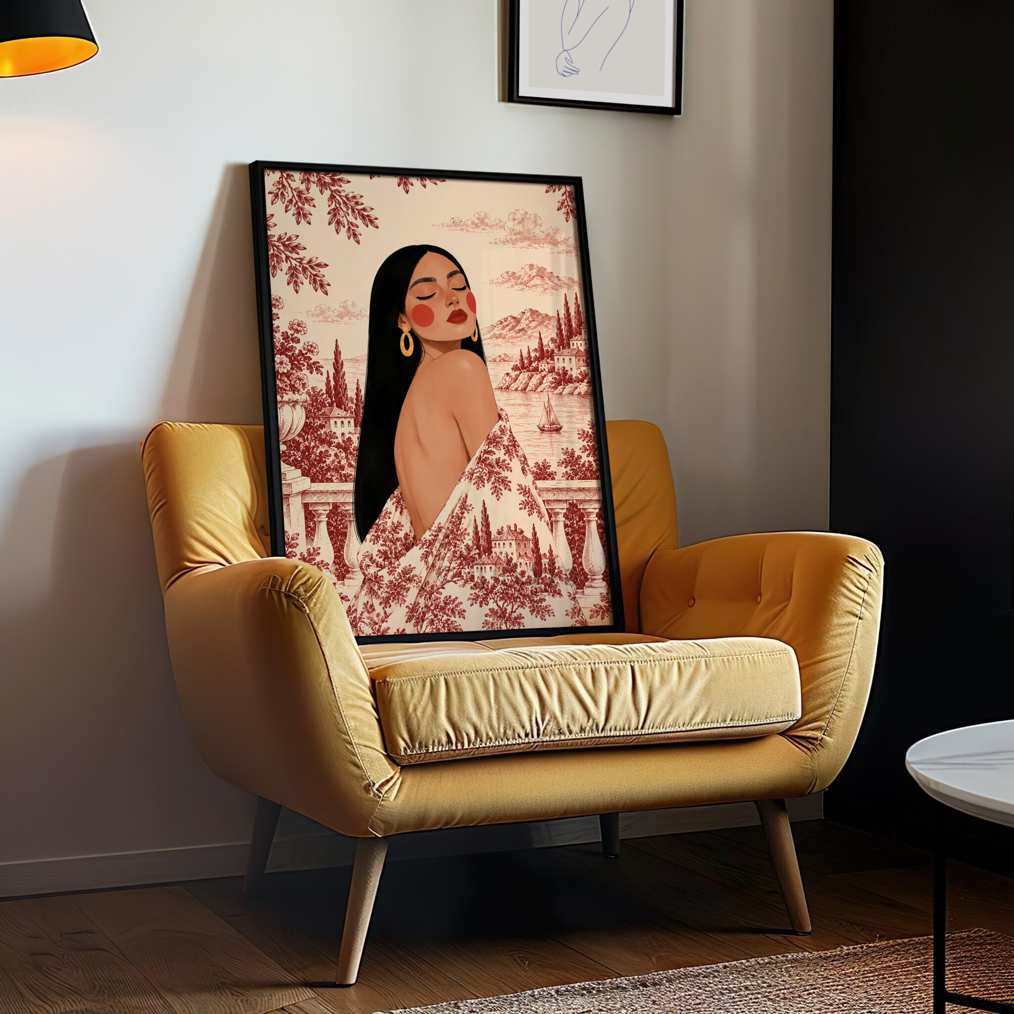 Romantic European Art Print, Elegant Woman by a Mediterranean Lake, Scenic Toile Landscape, French Riviera Villa Decor, Refined Home Accent - photo #10