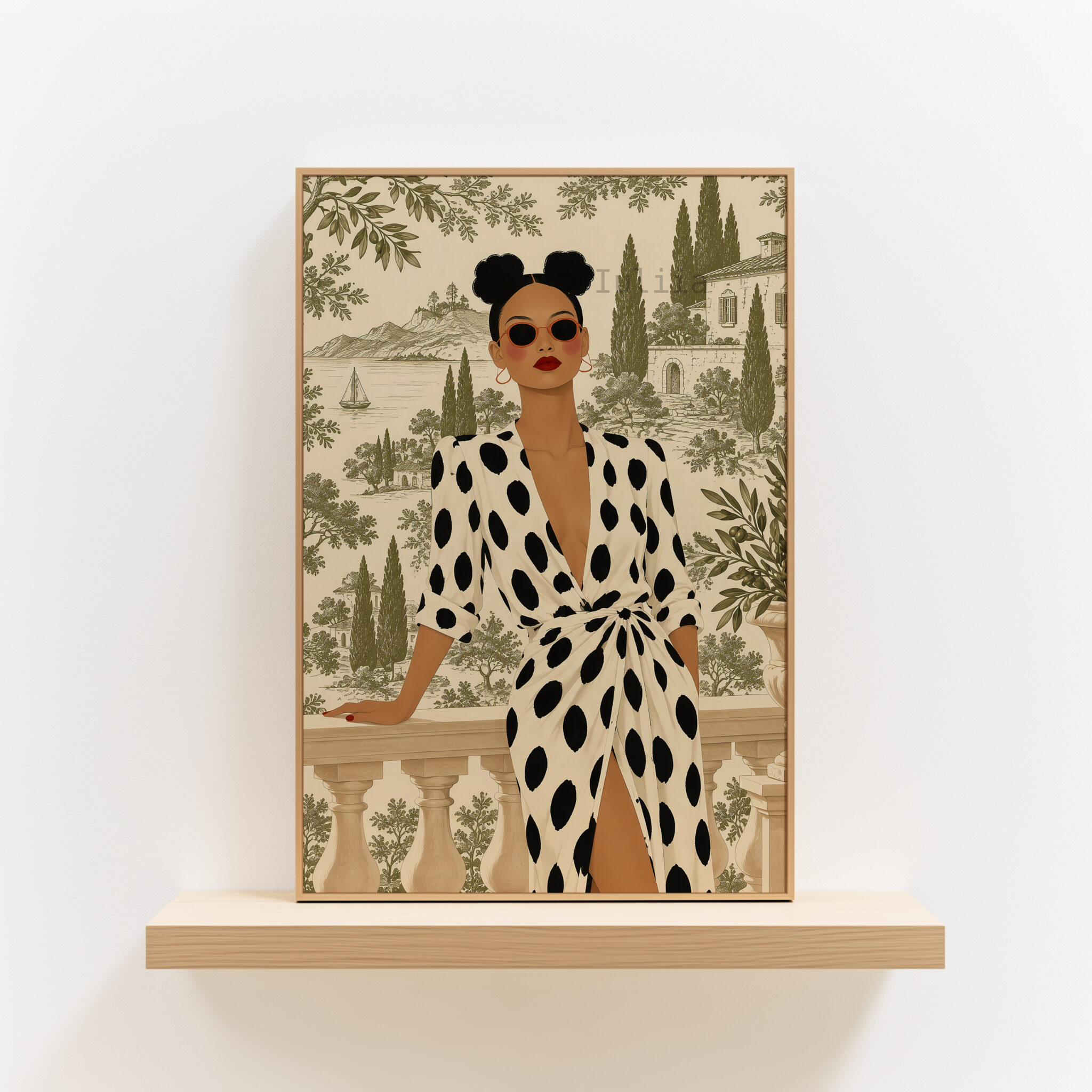 European Wall Art Print, Chic Woman in Polka Dot Dress, Mediterranean Villa Toile, Sophisticated French Interior Accent