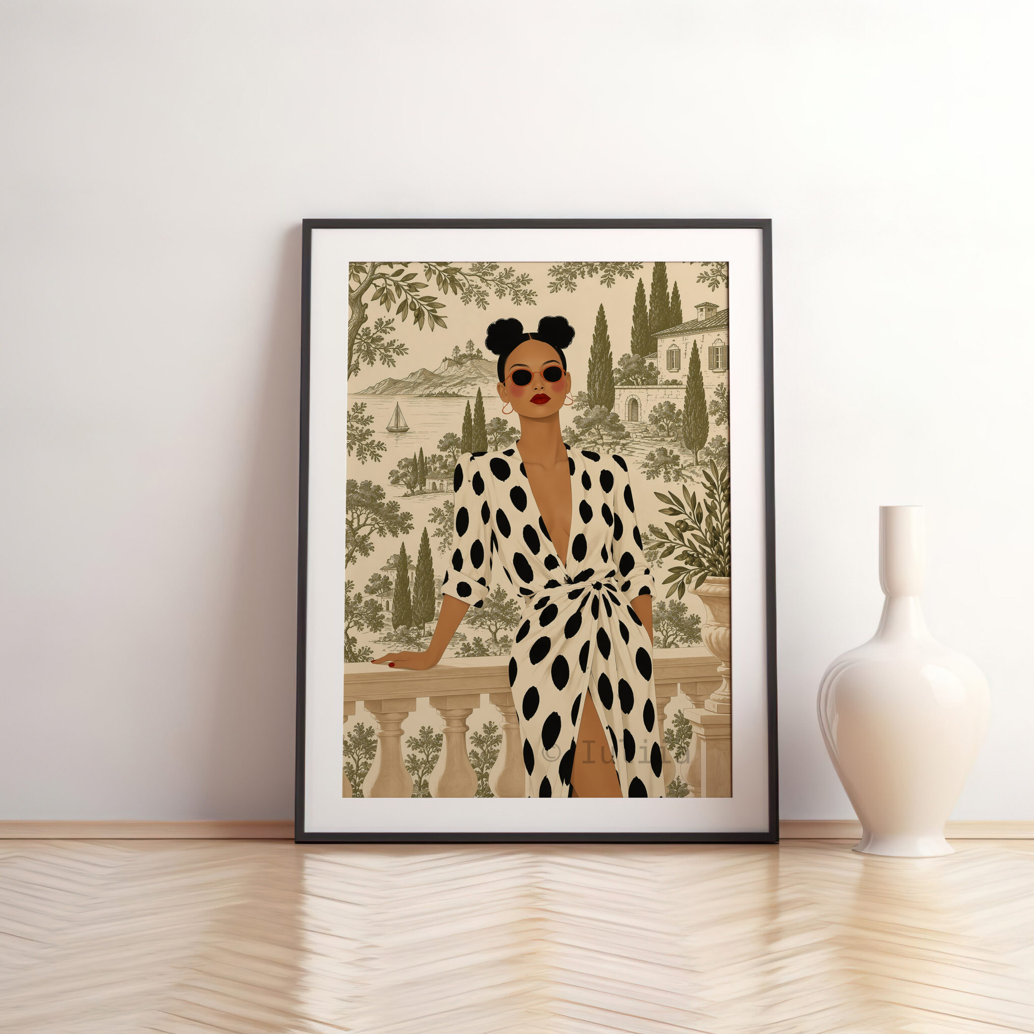 European Wall Art Print, Chic Woman in Polka Dot Dress, Mediterranean Villa Toile, Sophisticated French Interior Accent - photo #11