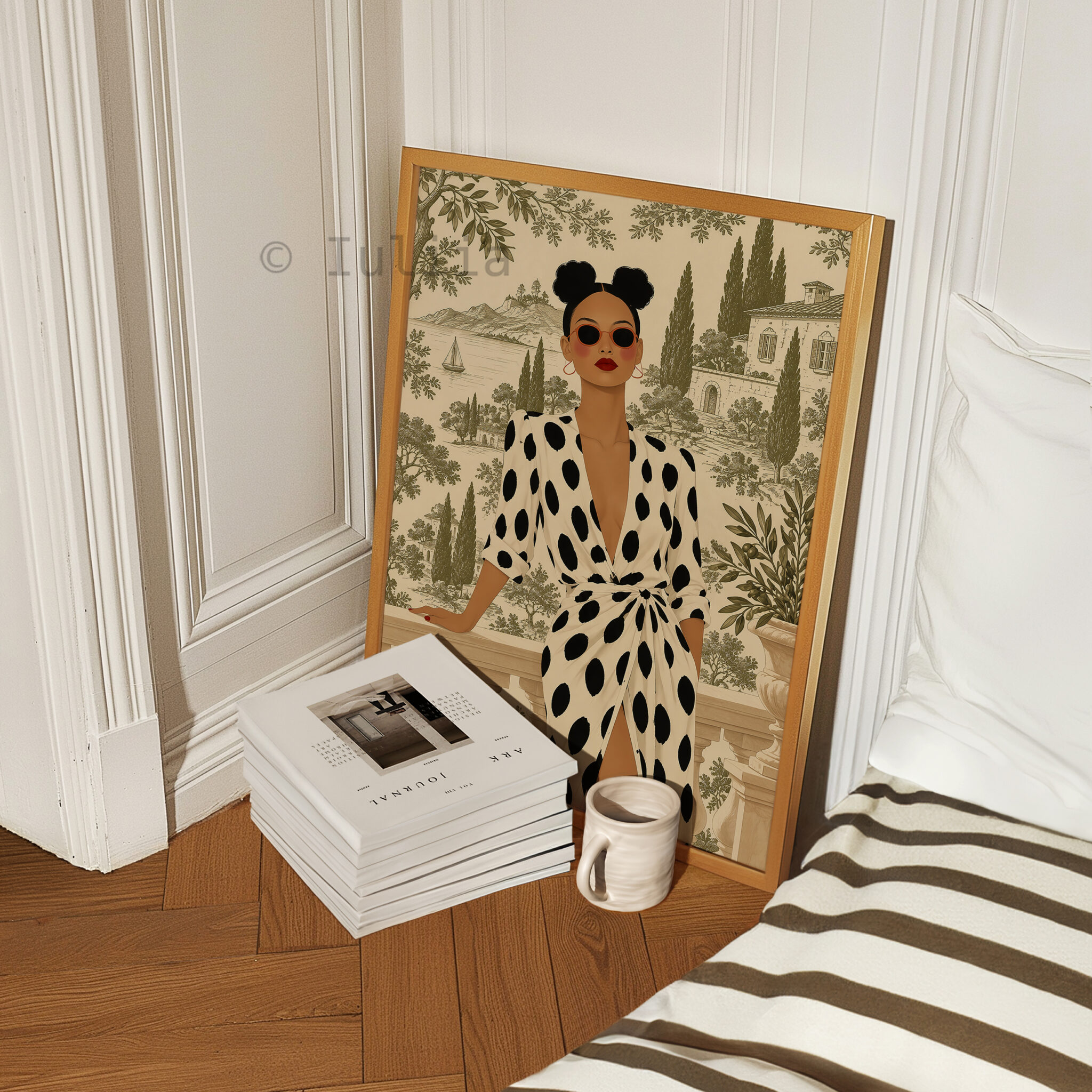 European Wall Art Print, Chic Woman in Polka Dot Dress, Mediterranean Villa Toile, Sophisticated French Interior Accent - photo #4