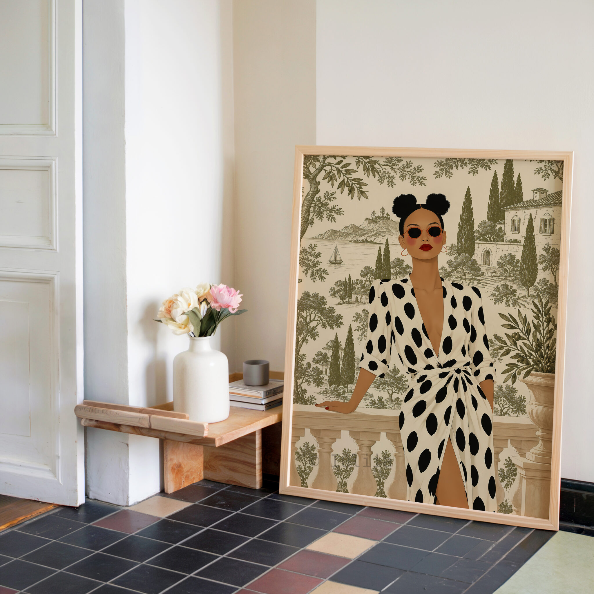 European Wall Art Print, Chic Woman in Polka Dot Dress, Mediterranean Villa Toile, Sophisticated French Interior Accent - photo #2
