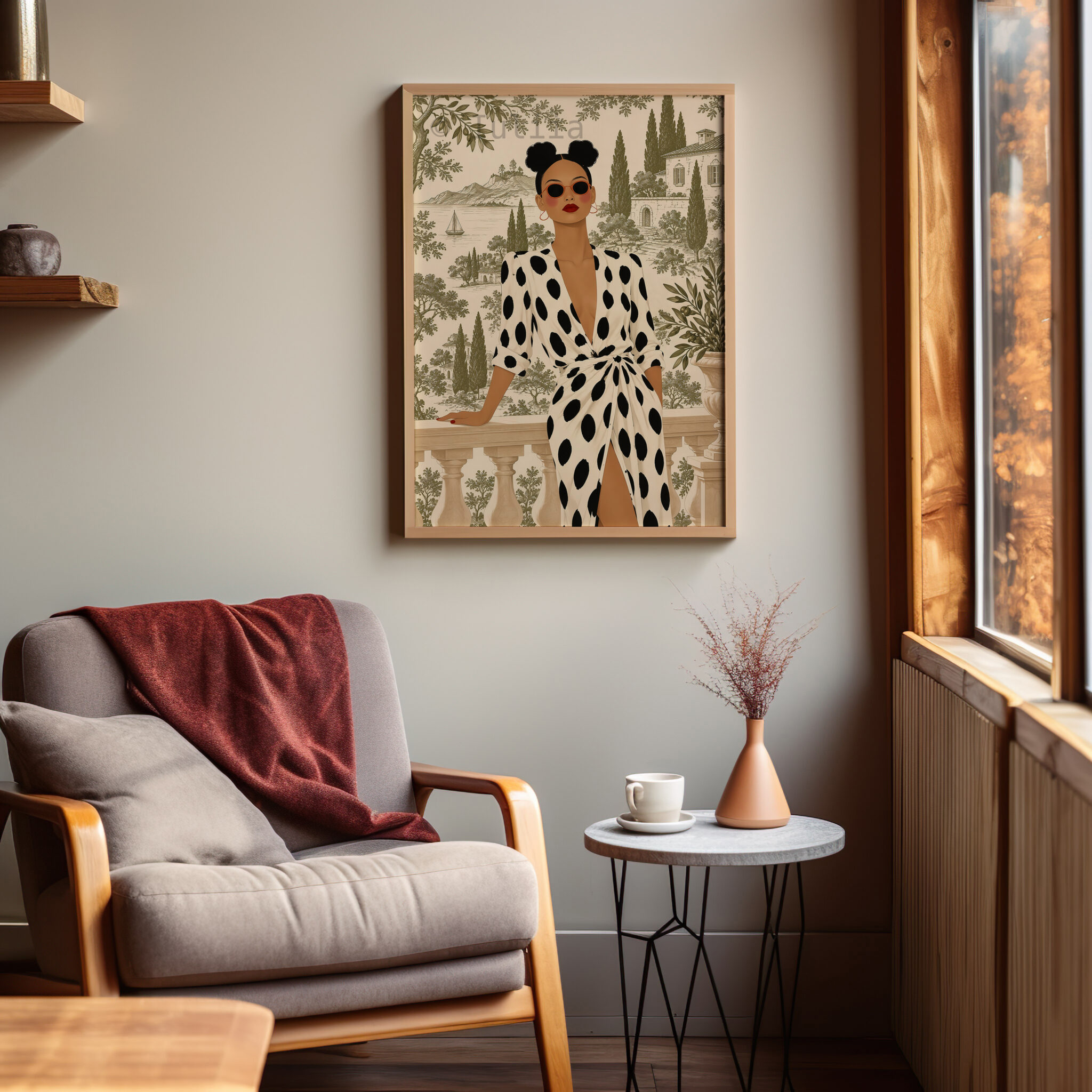 European Wall Art Print, Chic Woman in Polka Dot Dress, Mediterranean Villa Toile, Sophisticated French Interior Accent - photo #6