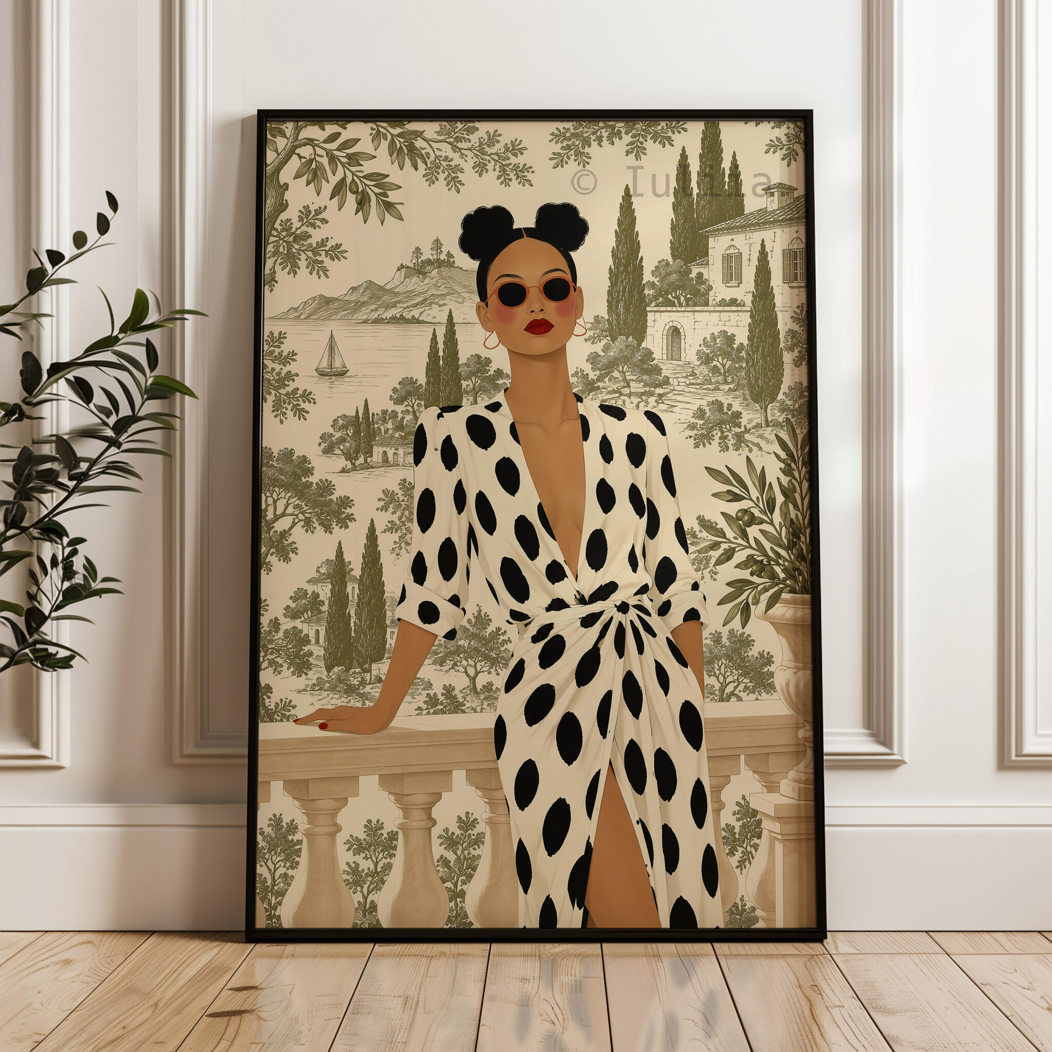 European Wall Art Print, Chic Woman in Polka Dot Dress, Mediterranean Villa Toile, Sophisticated French Interior Accent - photo #3