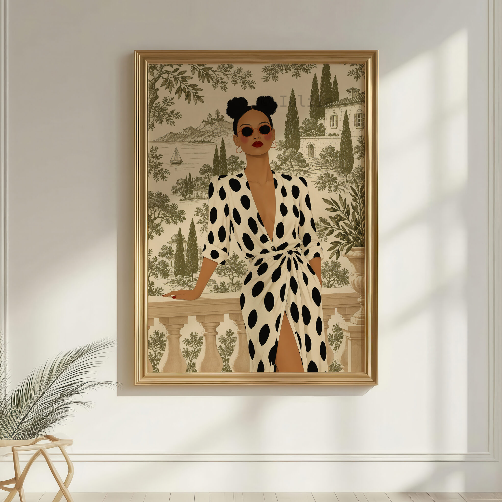 European Wall Art Print, Chic Woman in Polka Dot Dress, Mediterranean Villa Toile, Sophisticated French Interior Accent - photo #7