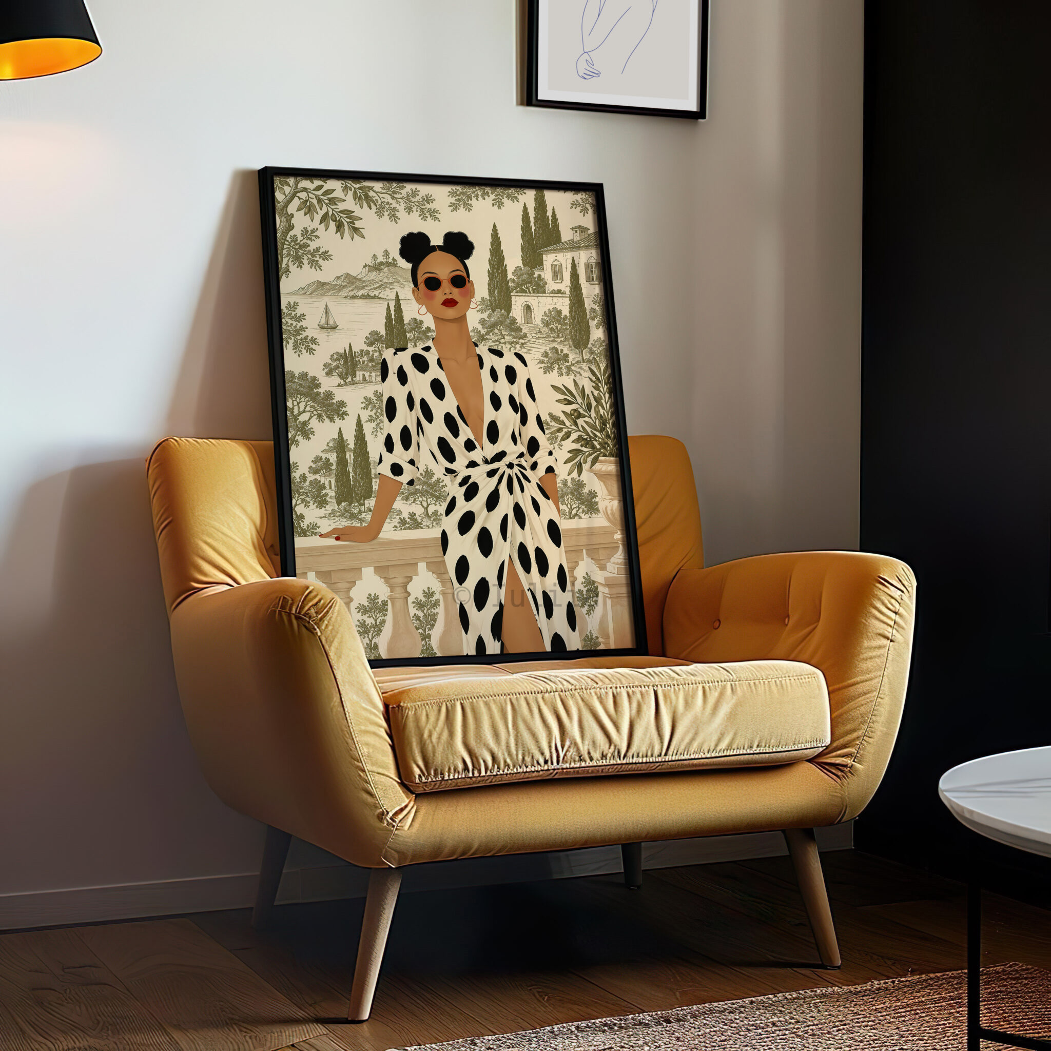 European Wall Art Print, Chic Woman in Polka Dot Dress, Mediterranean Villa Toile, Sophisticated French Interior Accent - photo #10