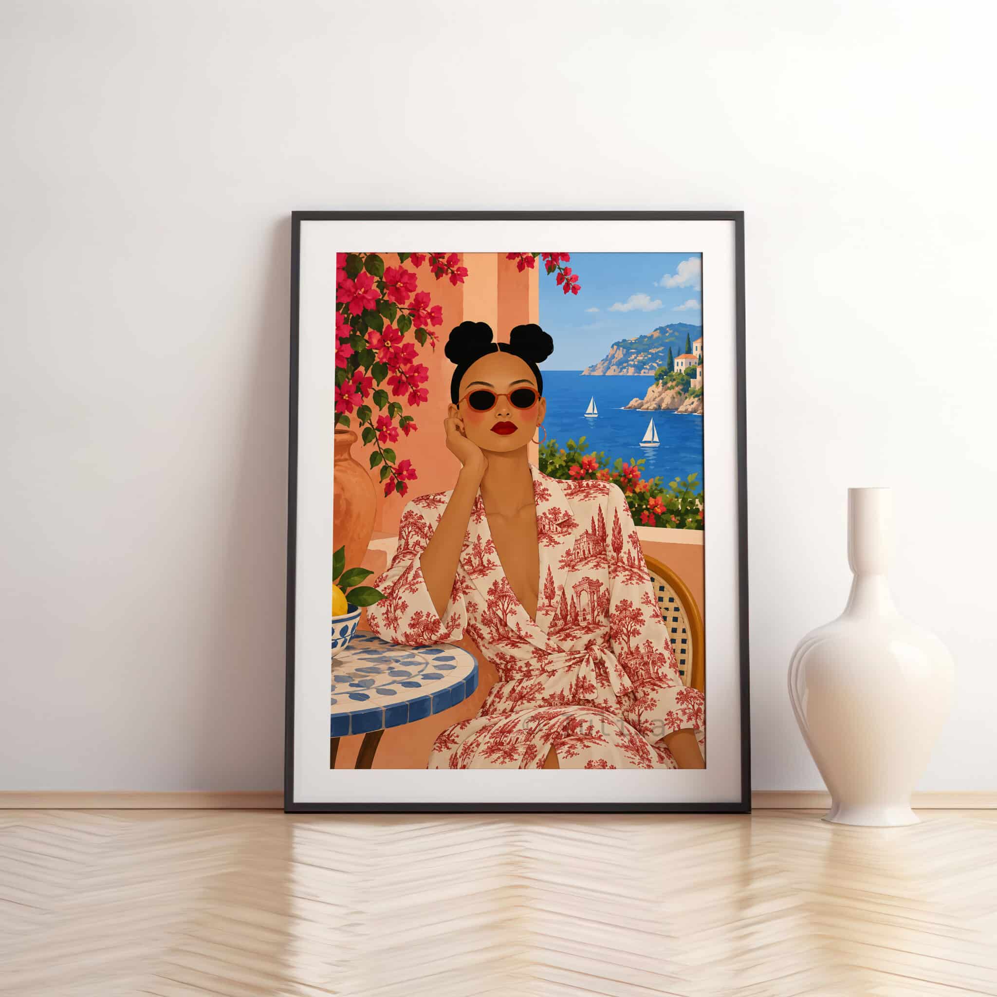 Mediterranean Wall Art, Feminine Riviera Portrait in Toile de Jouy Print, Red Floral Dress and Sea View Artwork - photo #12