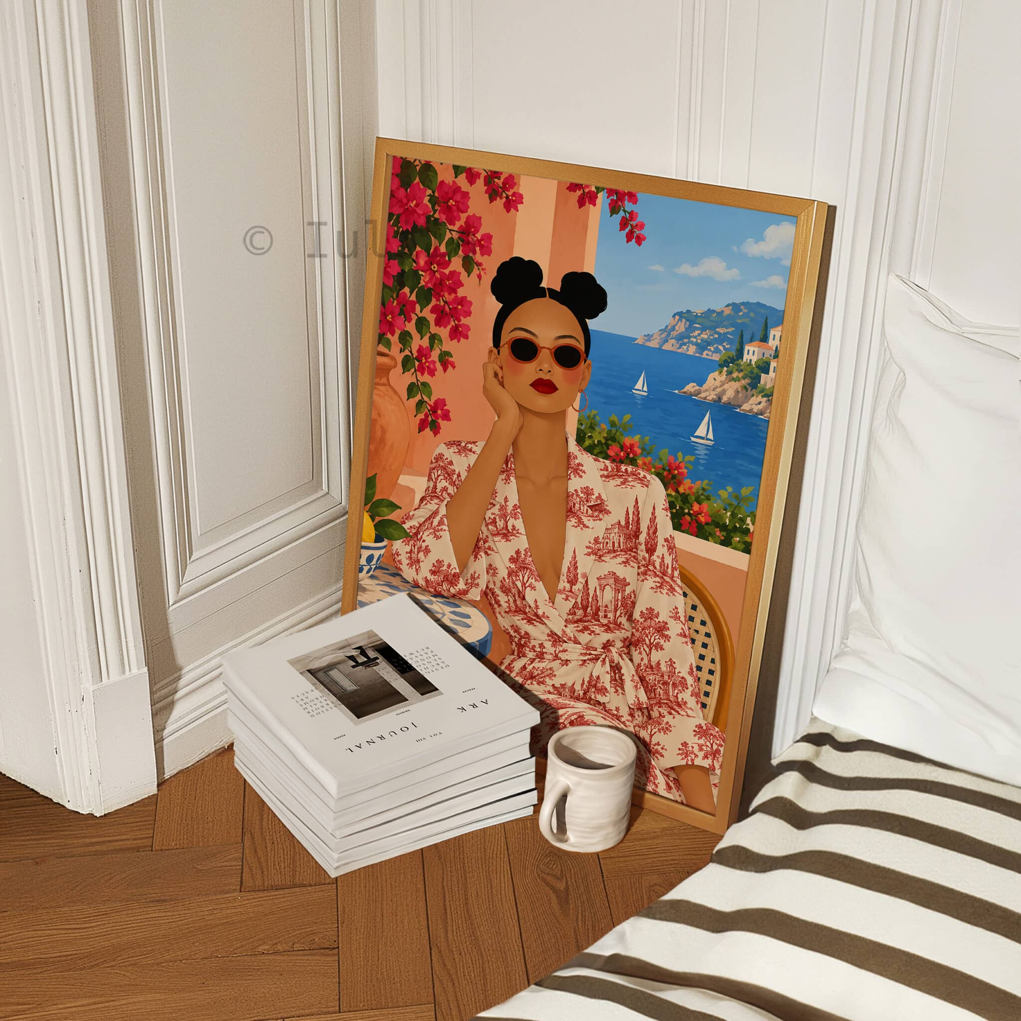 Mediterranean Wall Art, Feminine Riviera Portrait in Toile de Jouy Print, Red Floral Dress and Sea View Artwork - photo #4