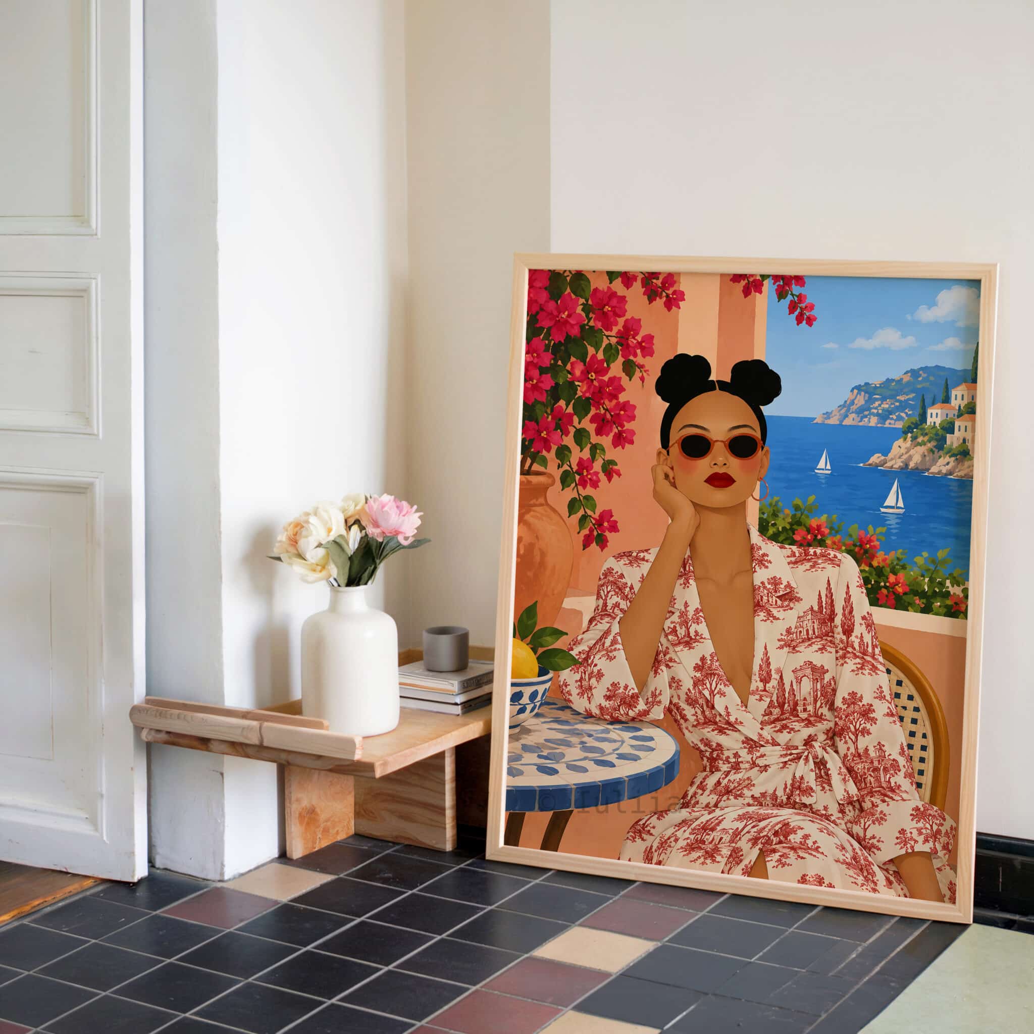 Mediterranean Wall Art, Feminine Riviera Portrait in Toile de Jouy Print, Red Floral Dress and Sea View Artwork - photo #2