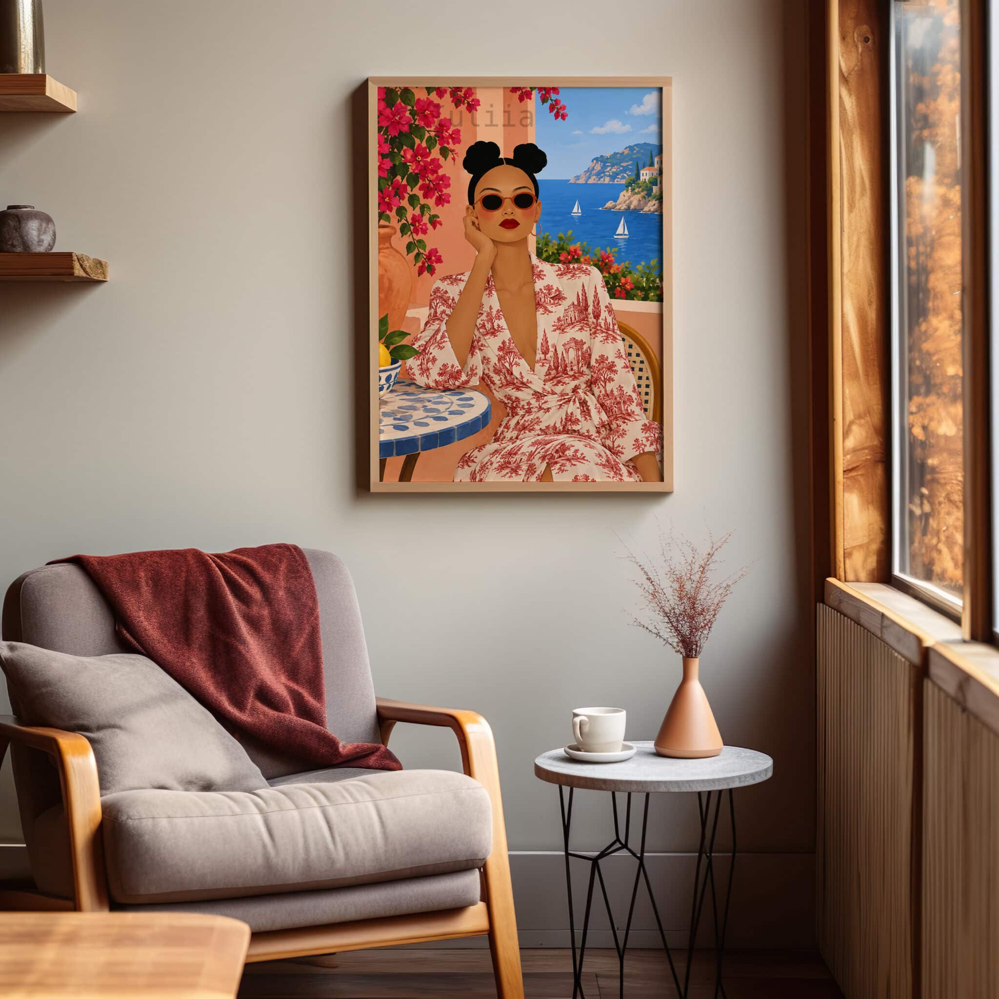 Mediterranean Wall Art, Feminine Riviera Portrait in Toile de Jouy Print, Red Floral Dress and Sea View Artwork - photo #6