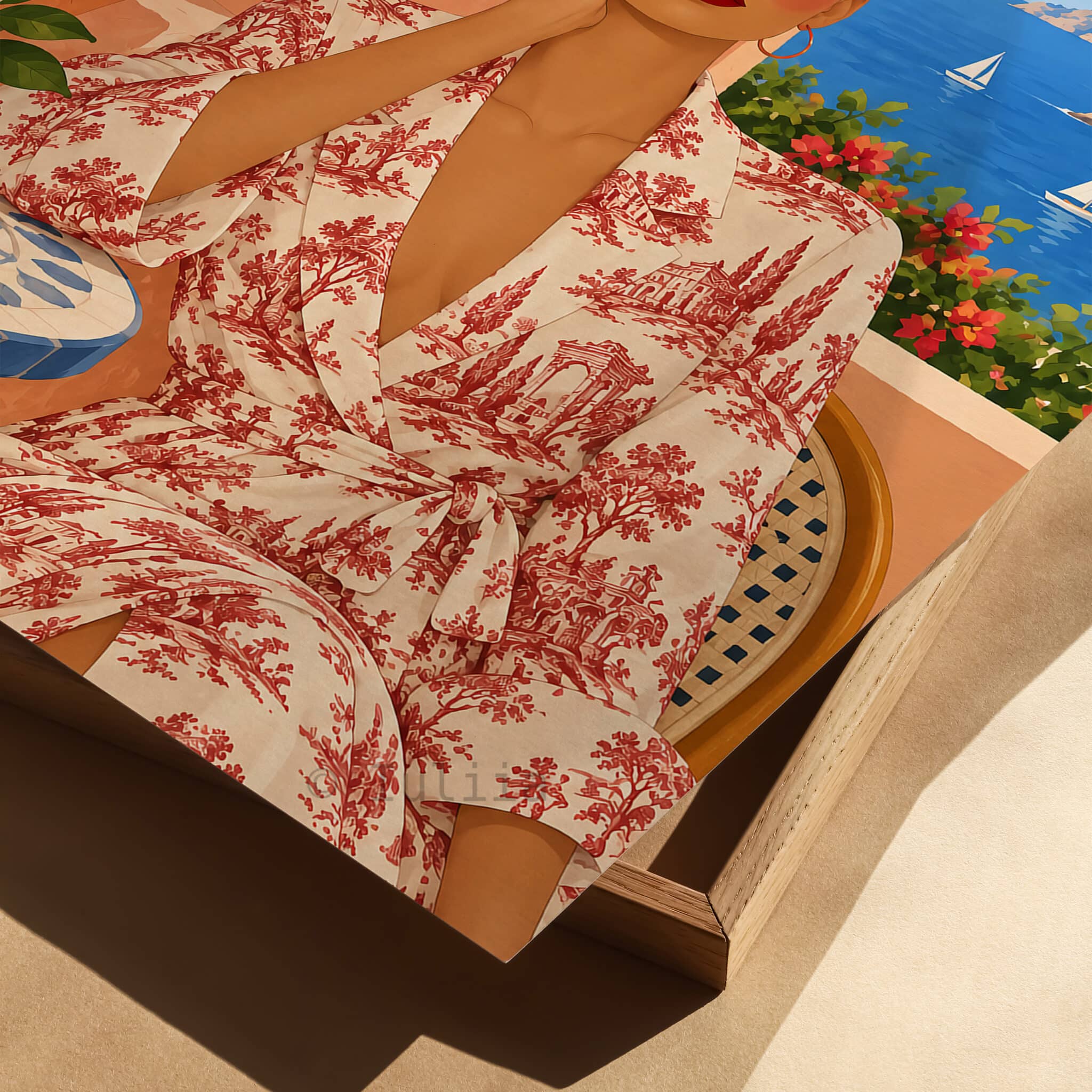 Mediterranean Wall Art, Feminine Riviera Portrait in Toile de Jouy Print, Red Floral Dress and Sea View Artwork - photo #1