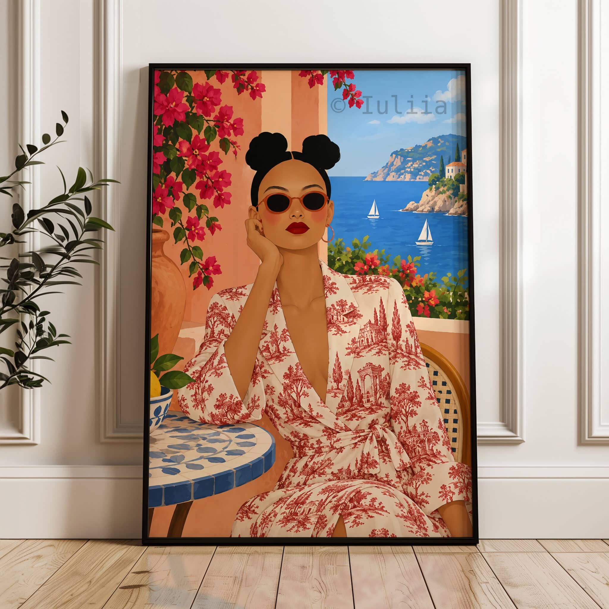 Mediterranean Wall Art, Feminine Riviera Portrait in Toile de Jouy Print, Red Floral Dress and Sea View Artwork - photo #3