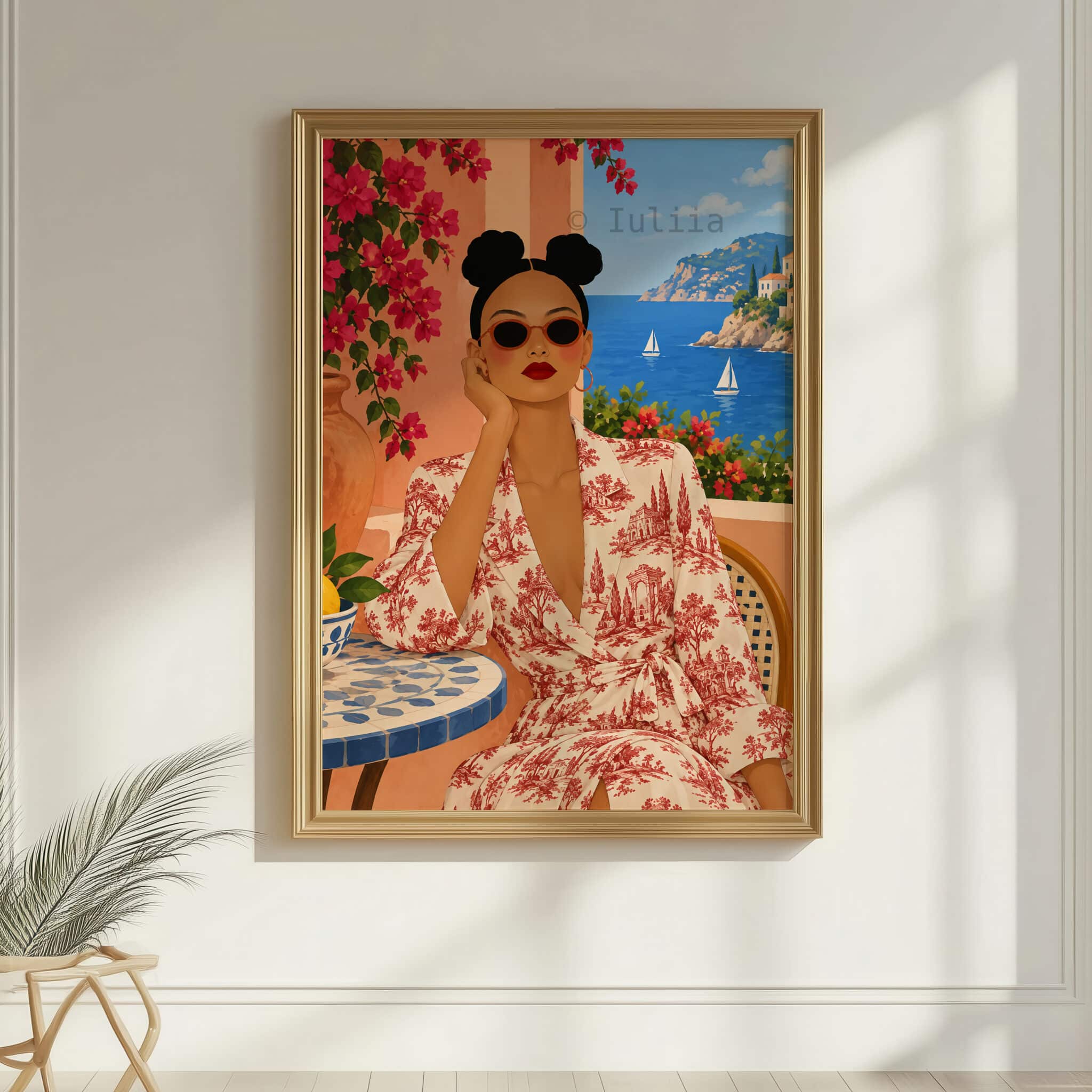 Mediterranean Wall Art, Feminine Riviera Portrait in Toile de Jouy Print, Red Floral Dress and Sea View Artwork - photo #7