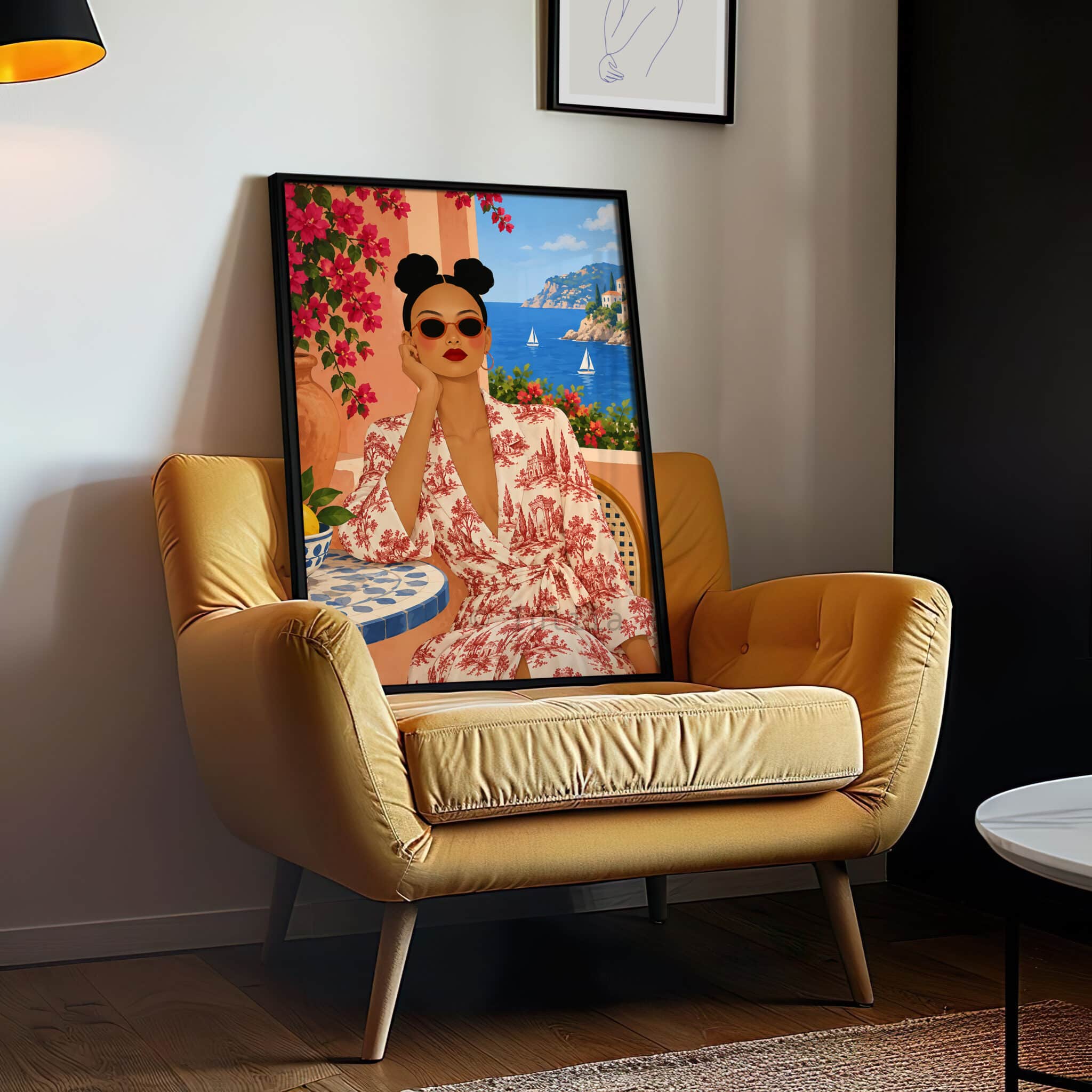 Mediterranean Wall Art, Feminine Riviera Portrait in Toile de Jouy Print, Red Floral Dress and Sea View Artwork - photo #10