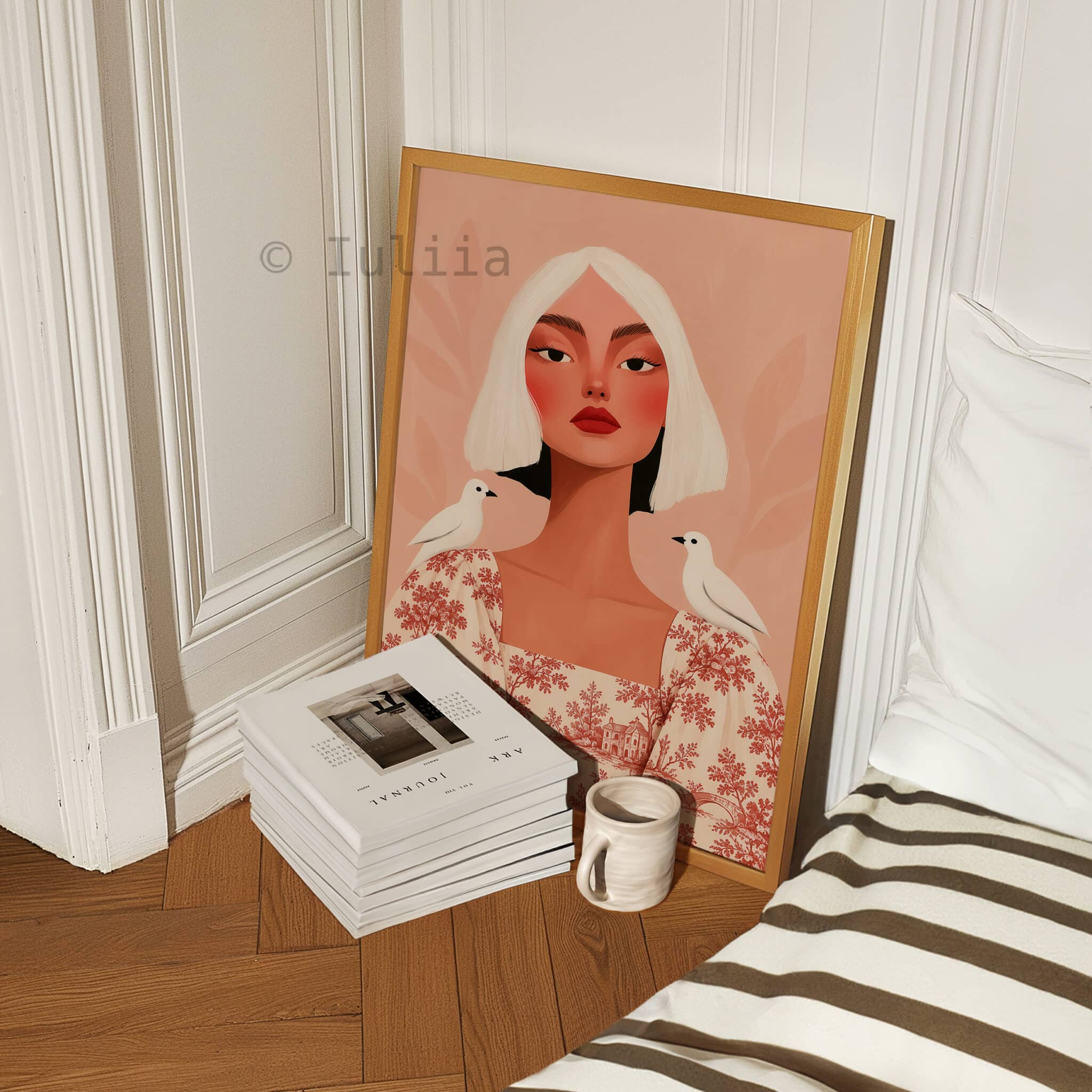 Toile de Jouy Woman Portrait Art Print, Feminine French Country Illustration, Romantic Pastoral Pattern, Elegant European Wall Decor - photo #4