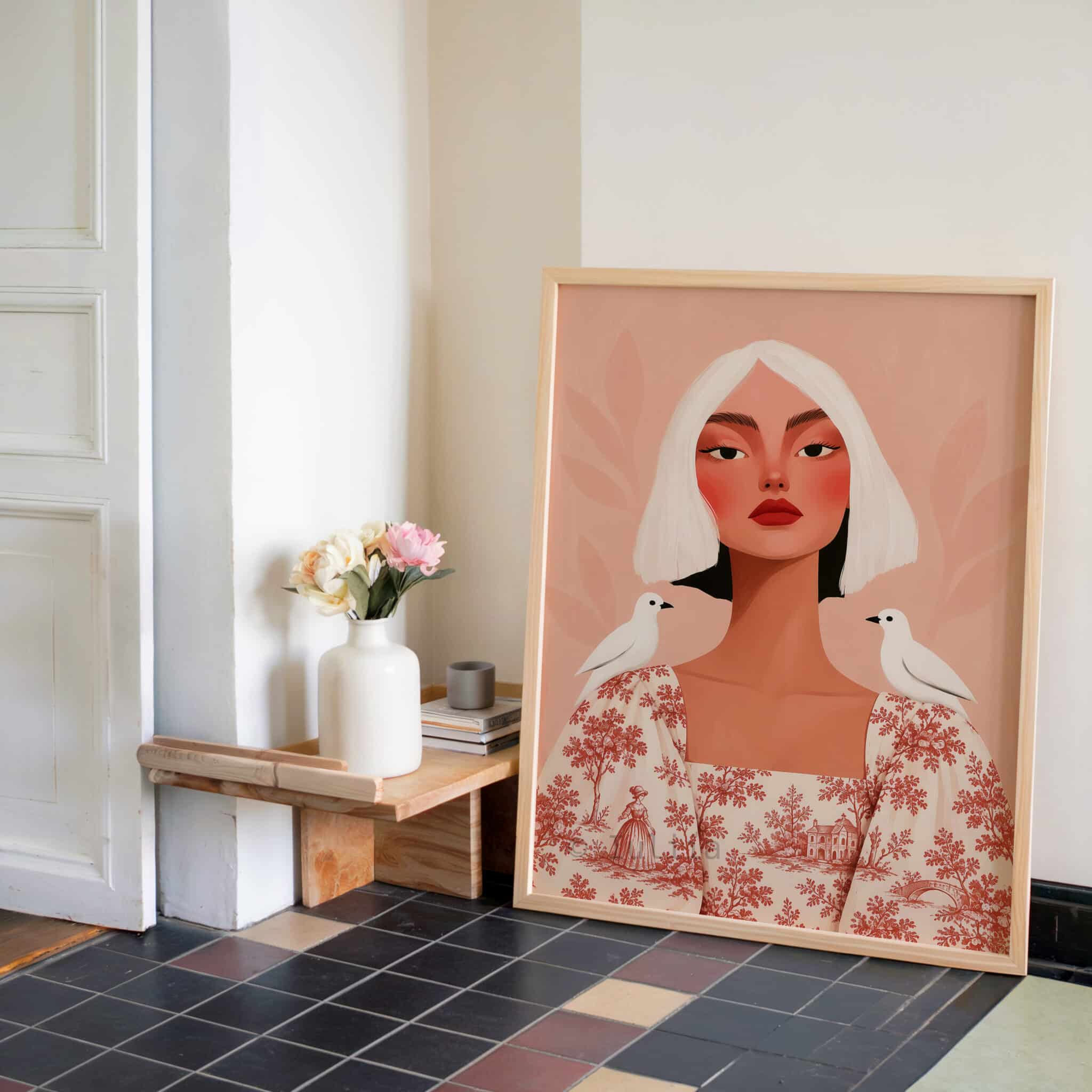Toile de Jouy Woman Portrait Art Print, Feminine French Country Illustration, Romantic Pastoral Pattern, Elegant European Wall Decor - photo #2