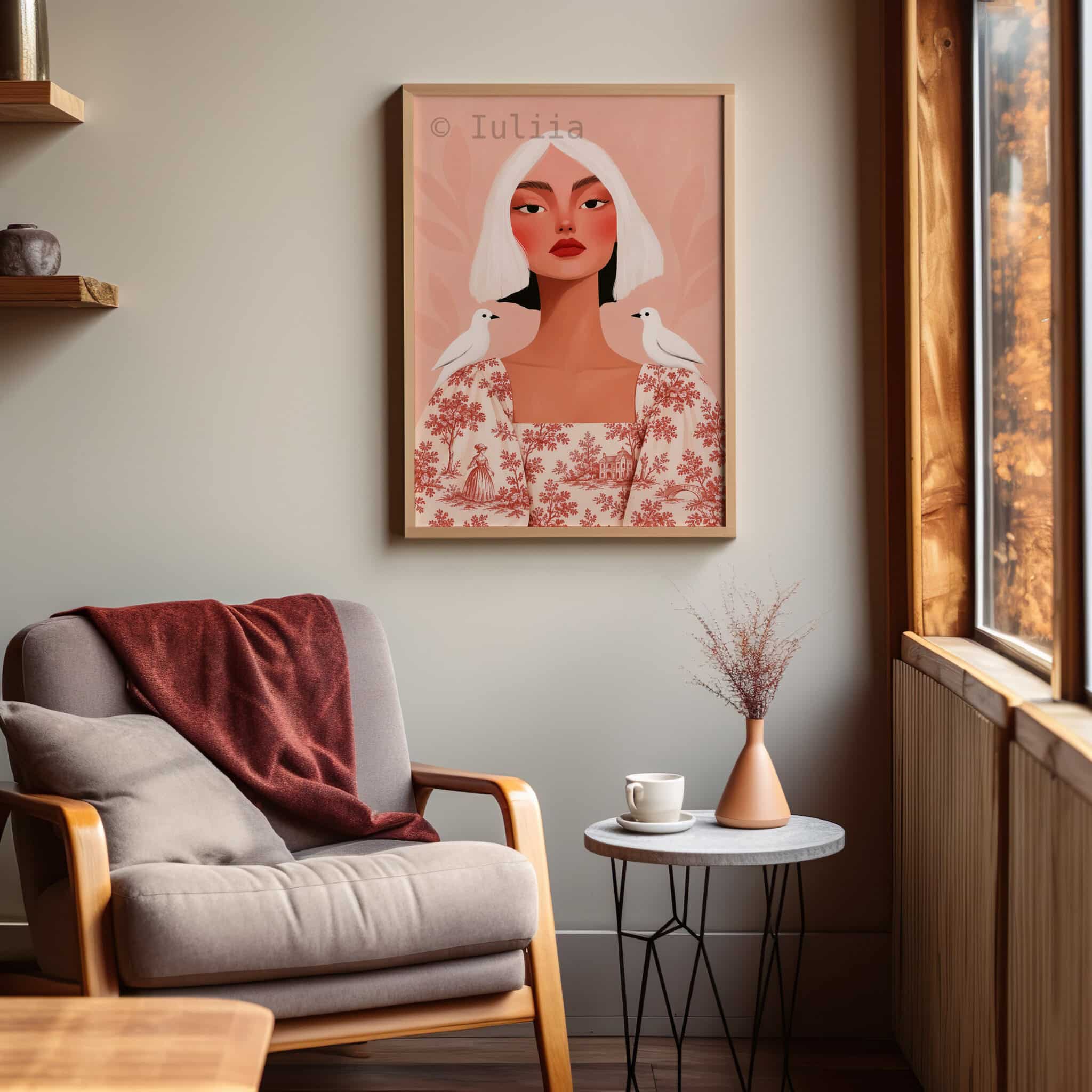 Toile de Jouy Woman Portrait Art Print, Feminine French Country Illustration, Romantic Pastoral Pattern, Elegant European Wall Decor - photo #6