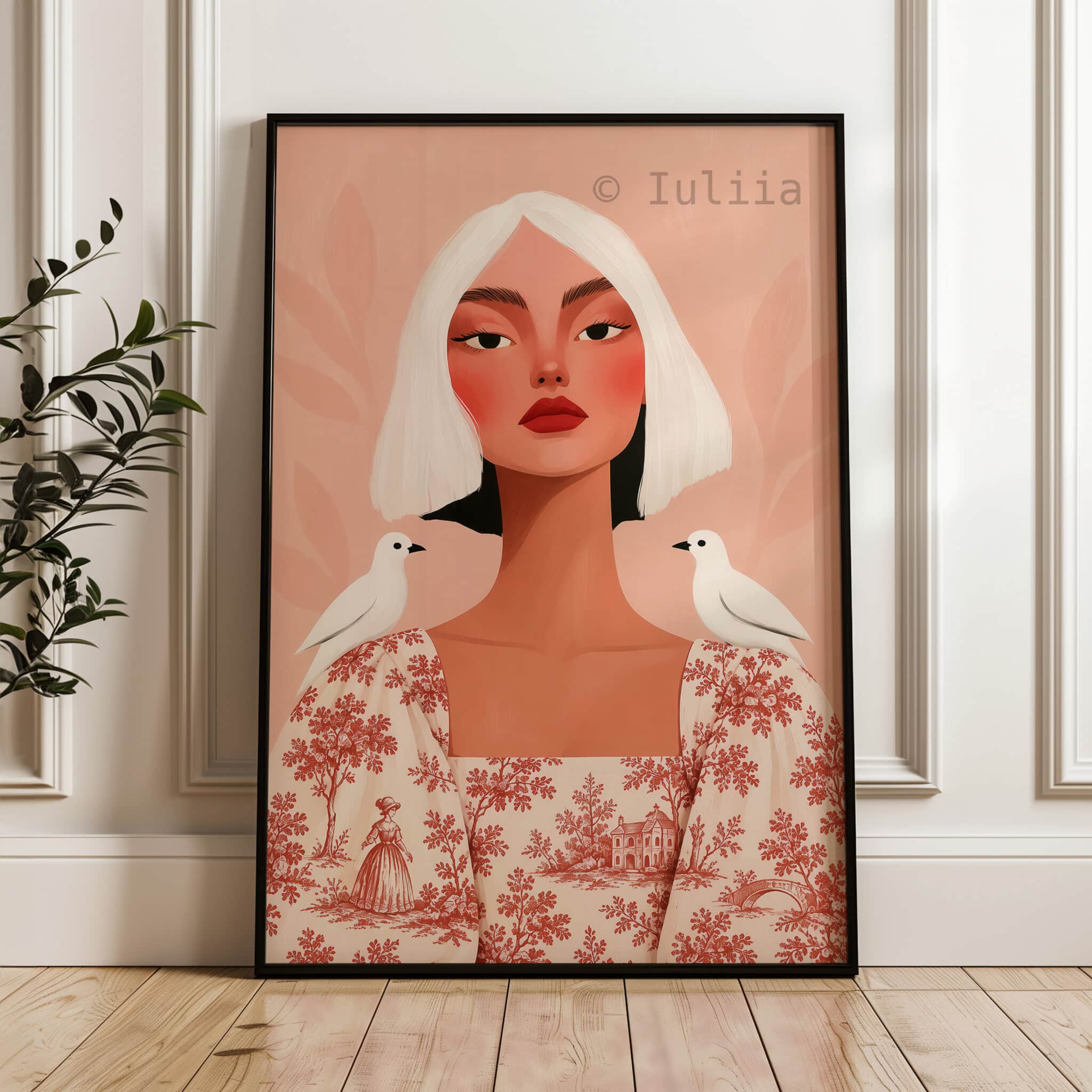 Toile de Jouy Woman Portrait Art Print, Feminine French Country Illustration, Romantic Pastoral Pattern, Elegant European Wall Decor - photo #3