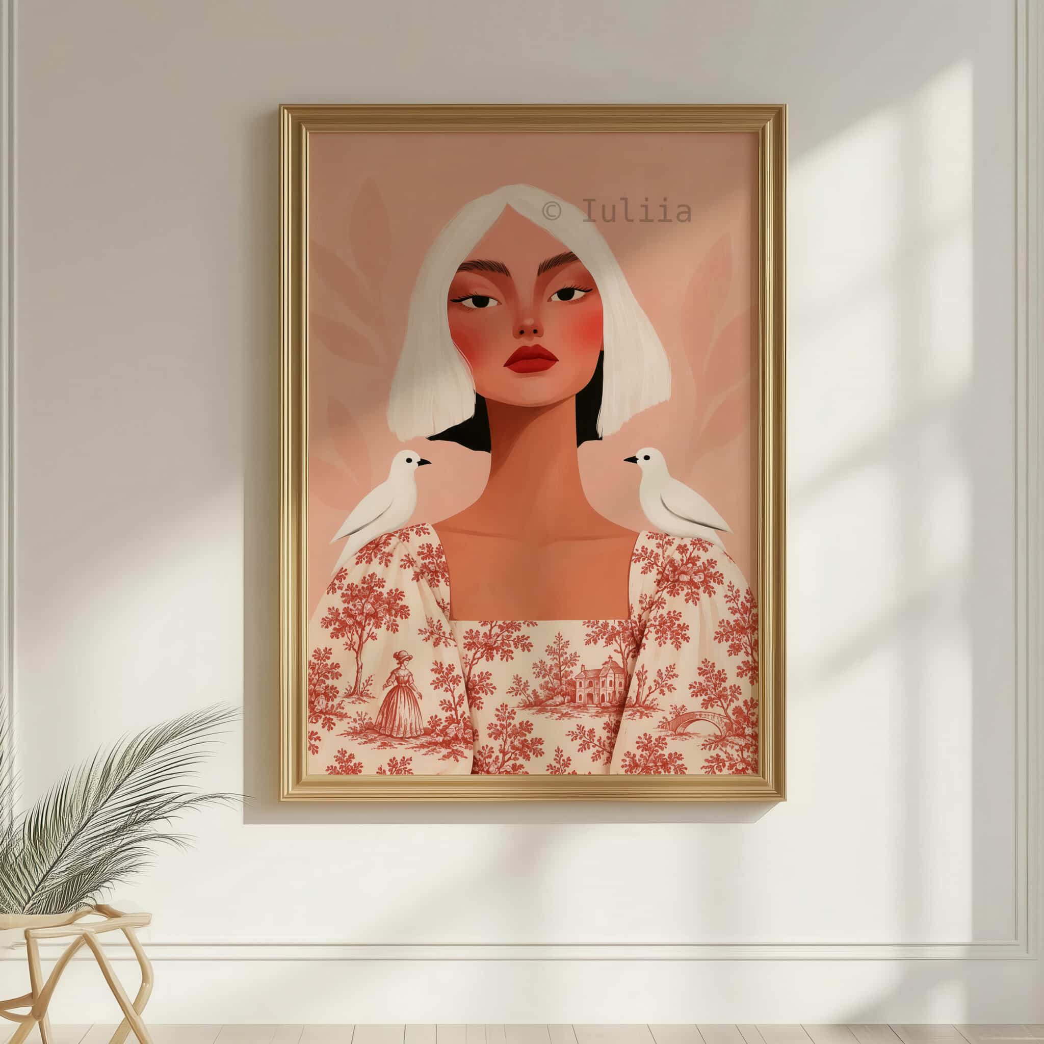 Toile de Jouy Woman Portrait Art Print, Feminine French Country Illustration, Romantic Pastoral Pattern, Elegant European Wall Decor - photo #7