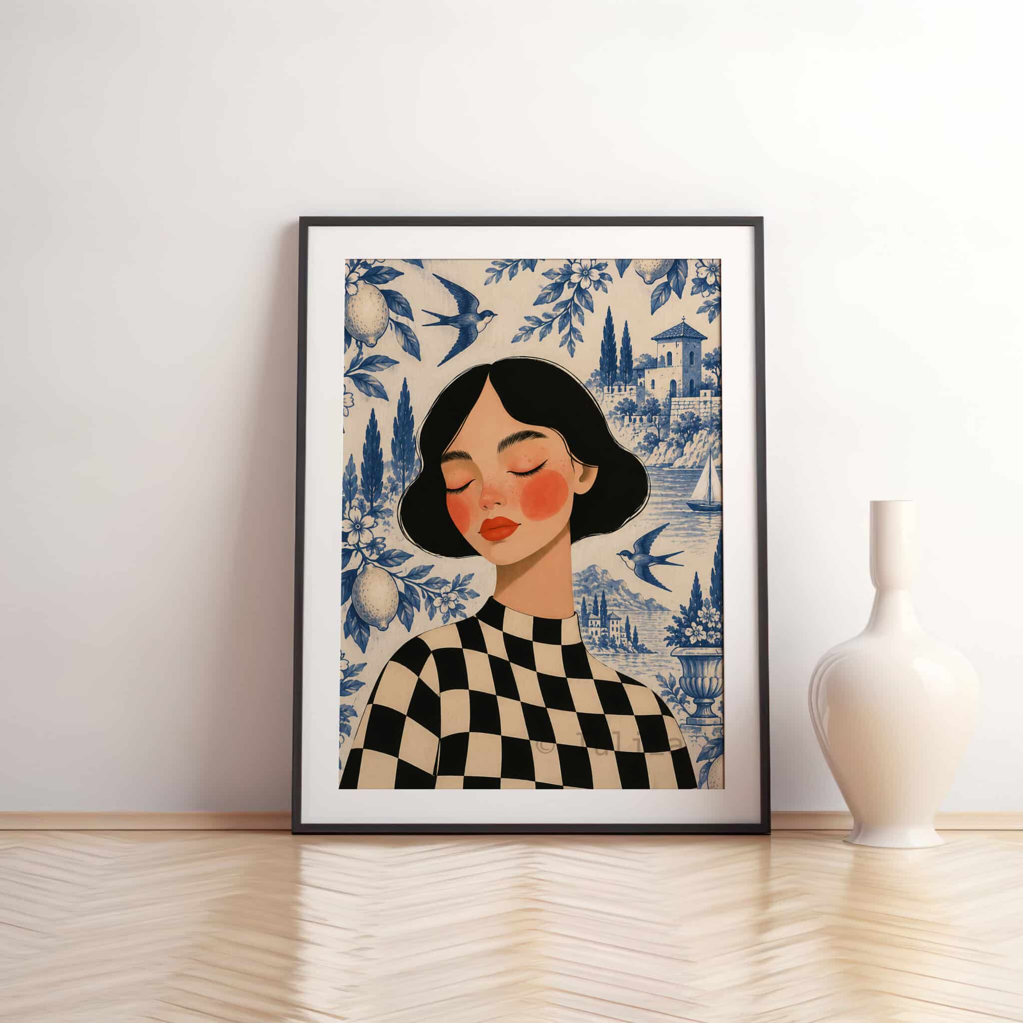 French Riviera Art Print, Toile de Jouy Woman Portrait, Blue White Coastal Scene, Mediterranean French Decor for Elegant European Interiors - photo #10