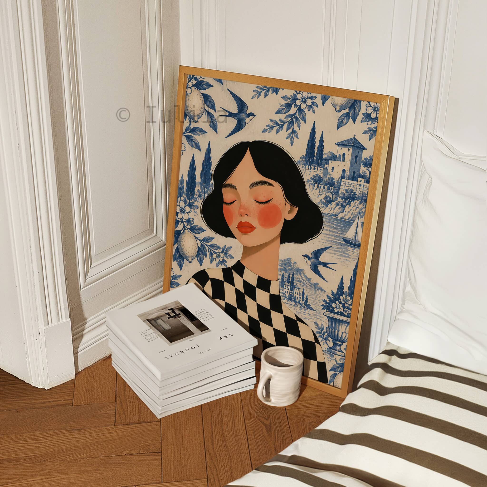 French Riviera Art Print, Toile de Jouy Woman Portrait, Blue White Coastal Scene, Mediterranean French Decor for Elegant European Interiors - photo #4