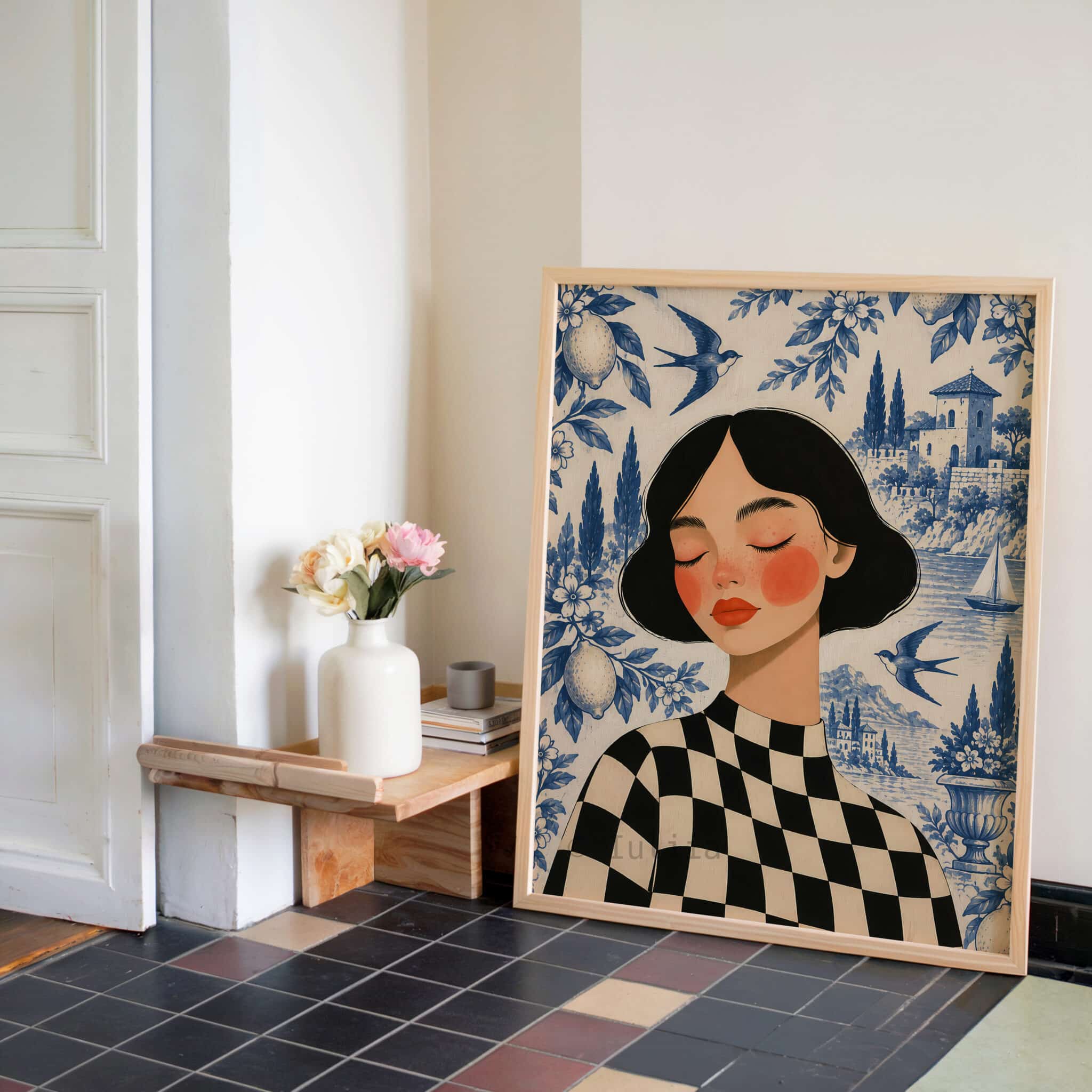 French Riviera Art Print, Toile de Jouy Woman Portrait, Blue White Coastal Scene, Mediterranean French Decor for Elegant European Interiors - photo #2
