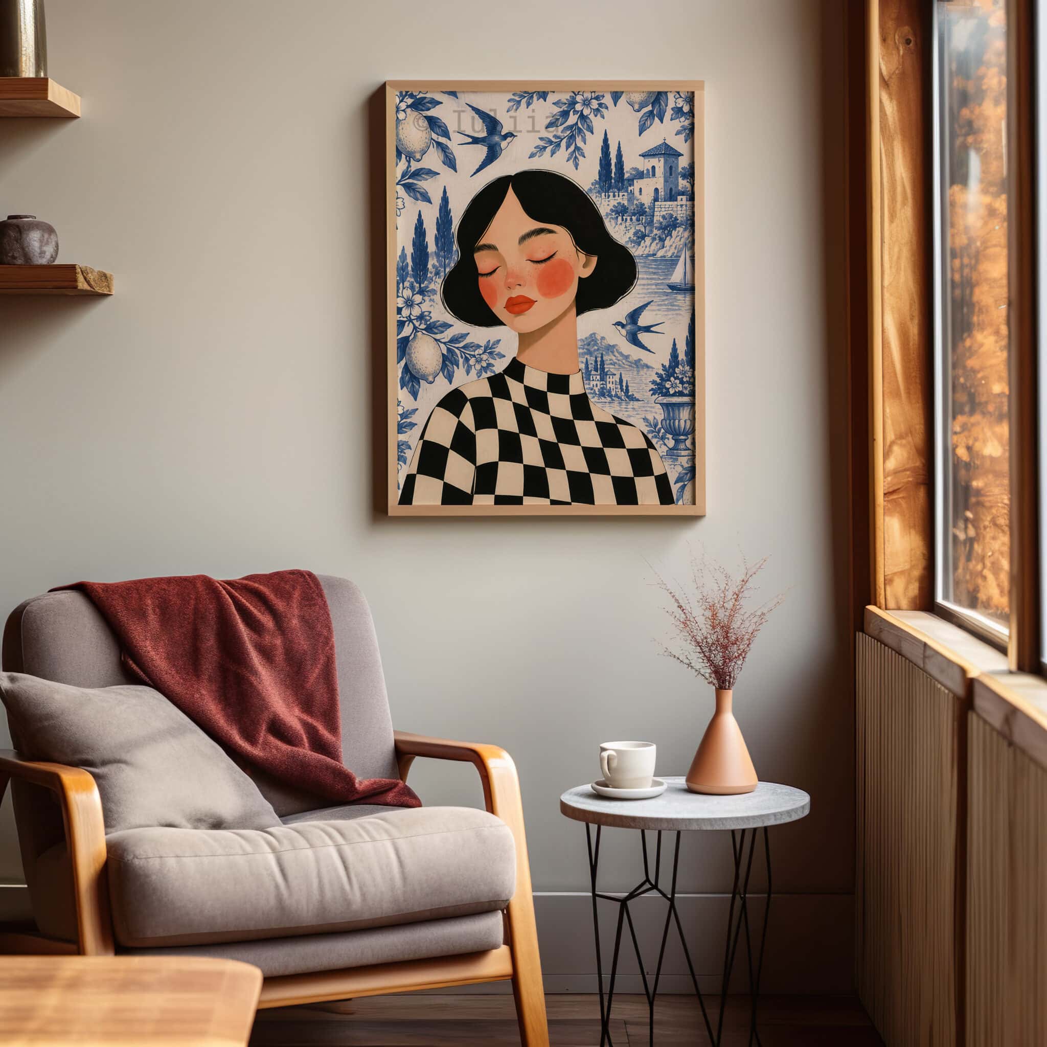 French Riviera Art Print, Toile de Jouy Woman Portrait, Blue White Coastal Scene, Mediterranean French Decor for Elegant European Interiors - photo #6