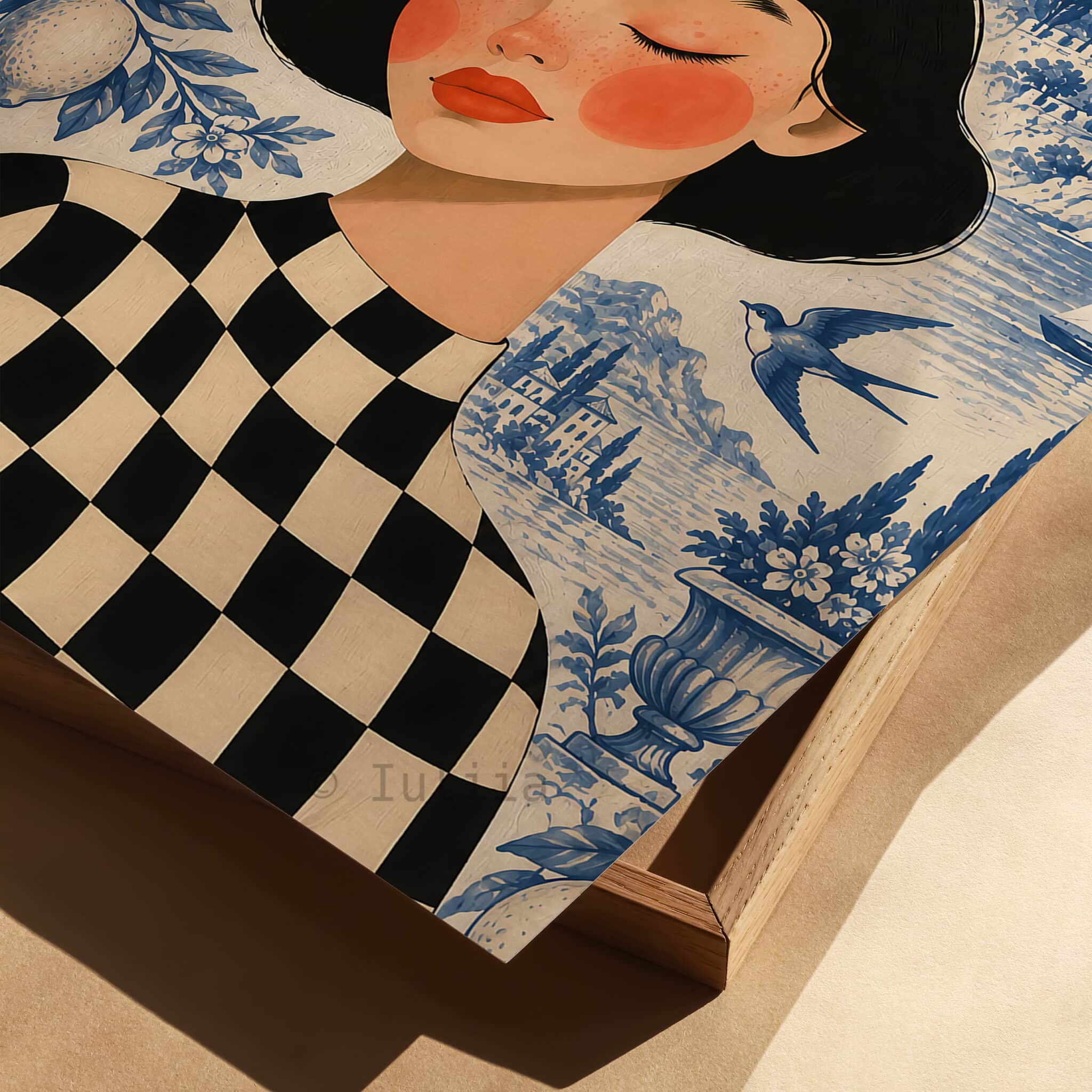 French Riviera Art Print, Toile de Jouy Woman Portrait, Blue White Coastal Scene, Mediterranean French Decor for Elegant European Interiors - photo #1