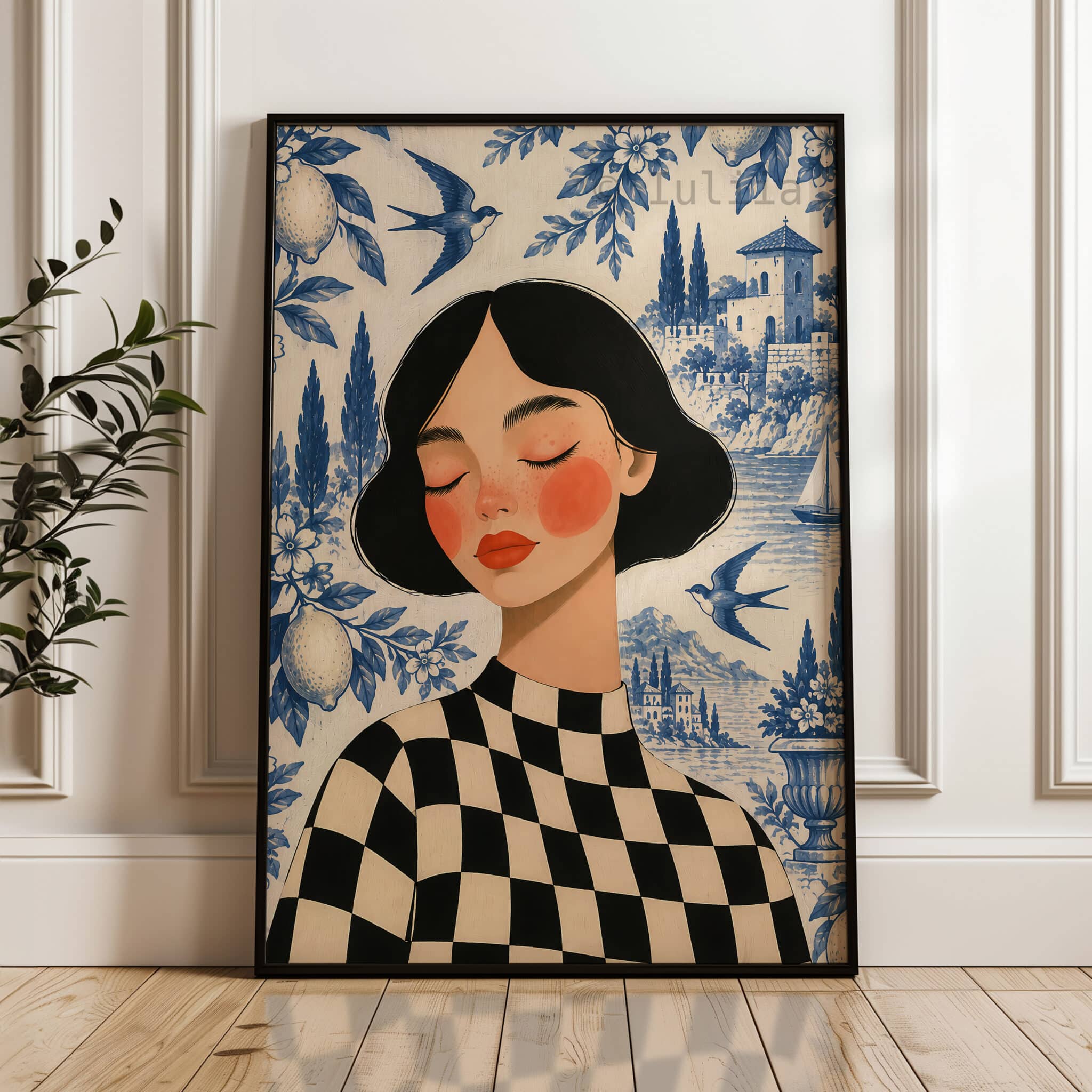 French Riviera Art Print, Toile de Jouy Woman Portrait, Blue White Coastal Scene, Mediterranean French Decor for Elegant European Interiors - photo #3
